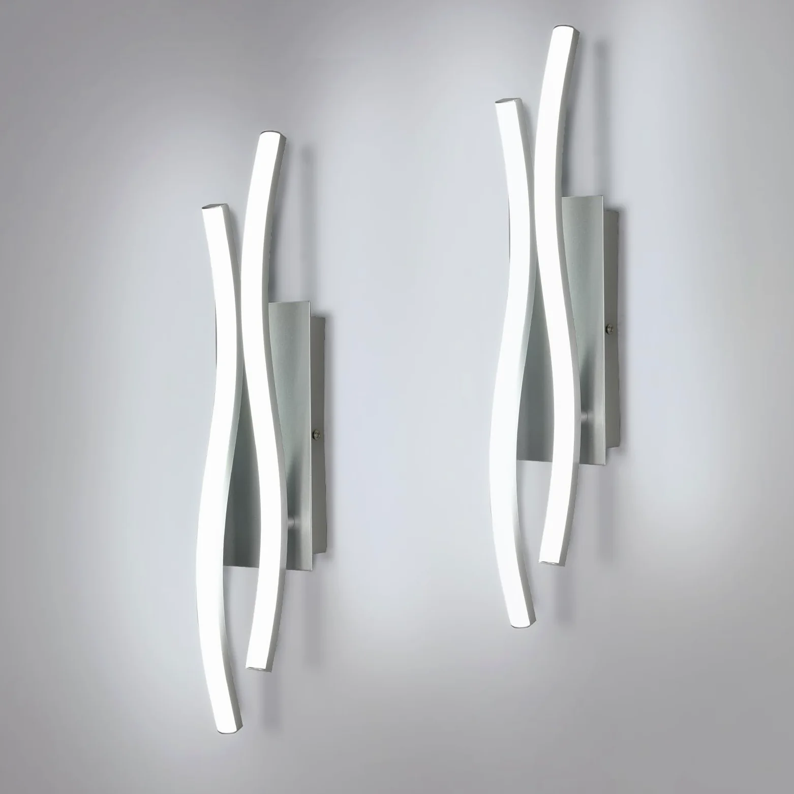 Comely 2 Pezzi Applique da Interno LED, 14W 1575LM Moderna Lampada da Parete per Interni, Lampada a Muro per Soggiorno Camera da Letto, Luce ianca 6500K, Argento, 41cm