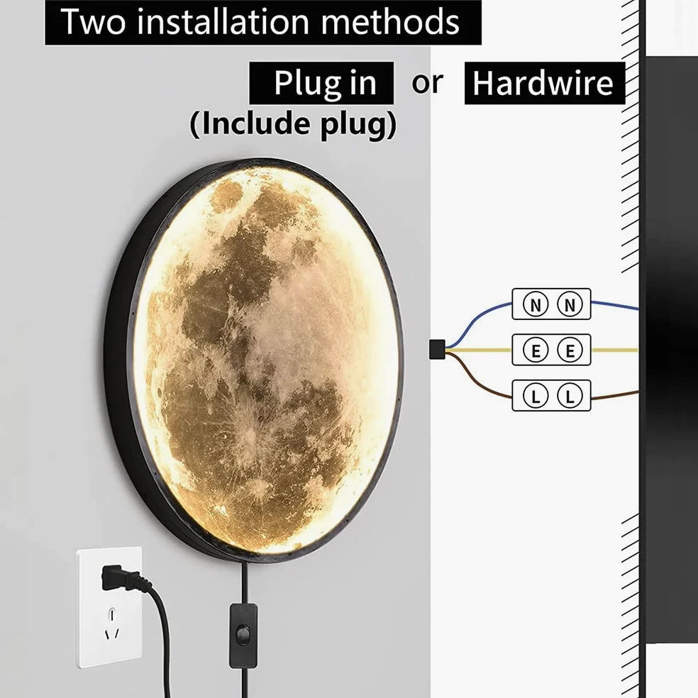 Luna 3D Grande da Parete Applique da Parete a LED Rotonda Dimmerabile con Telecomando Lampada da Parete con interruttore a filo e spina Plafoniera LED Lampada da Luna Art Deco Lampade da Muro Interno