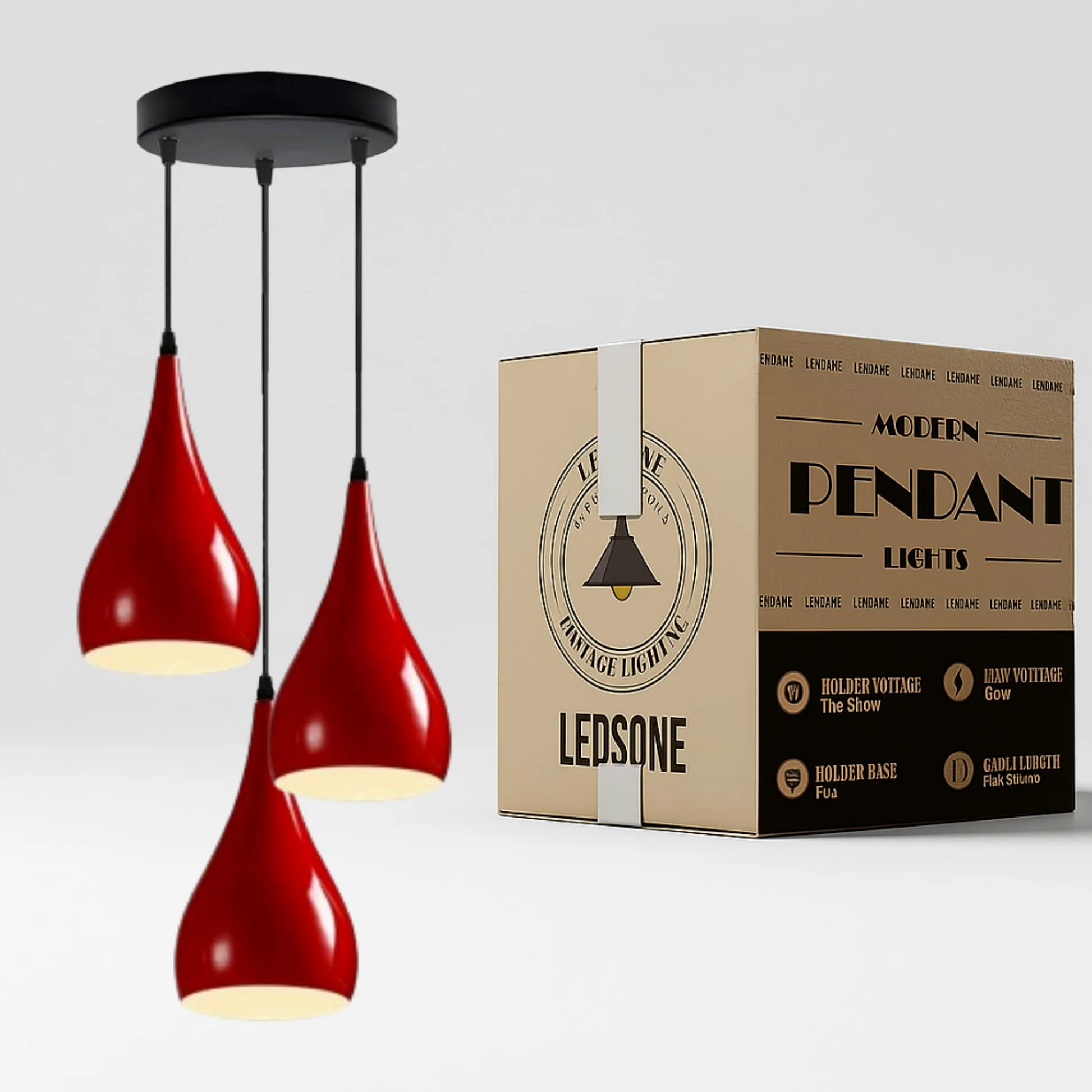 LEDSone Lampadario a sospensione a 3 teste, moderno in metallo a goccia a goccia, lampada a sospensione a grappolo con attacco E27 per soggiorn (Rosso)