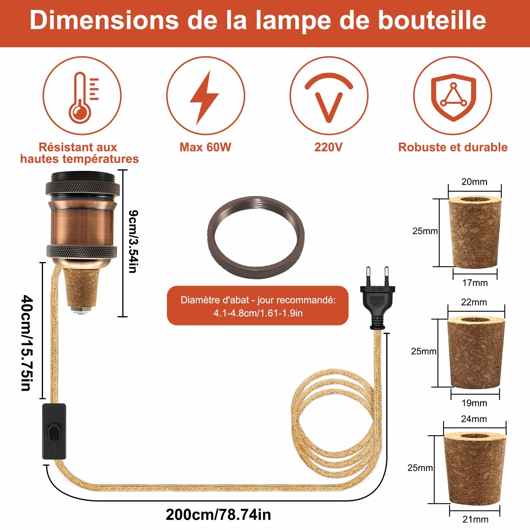 2PCS Kit Lampada Bottiglia, Portalampada E27 con Cavo di Canapa da 240CM, Supporto per Lampada Bottiglia, 3 Tappi Flessibili, Adattatore per Bottiglia per Portalampada, Può Fare da Paralume, Rosso