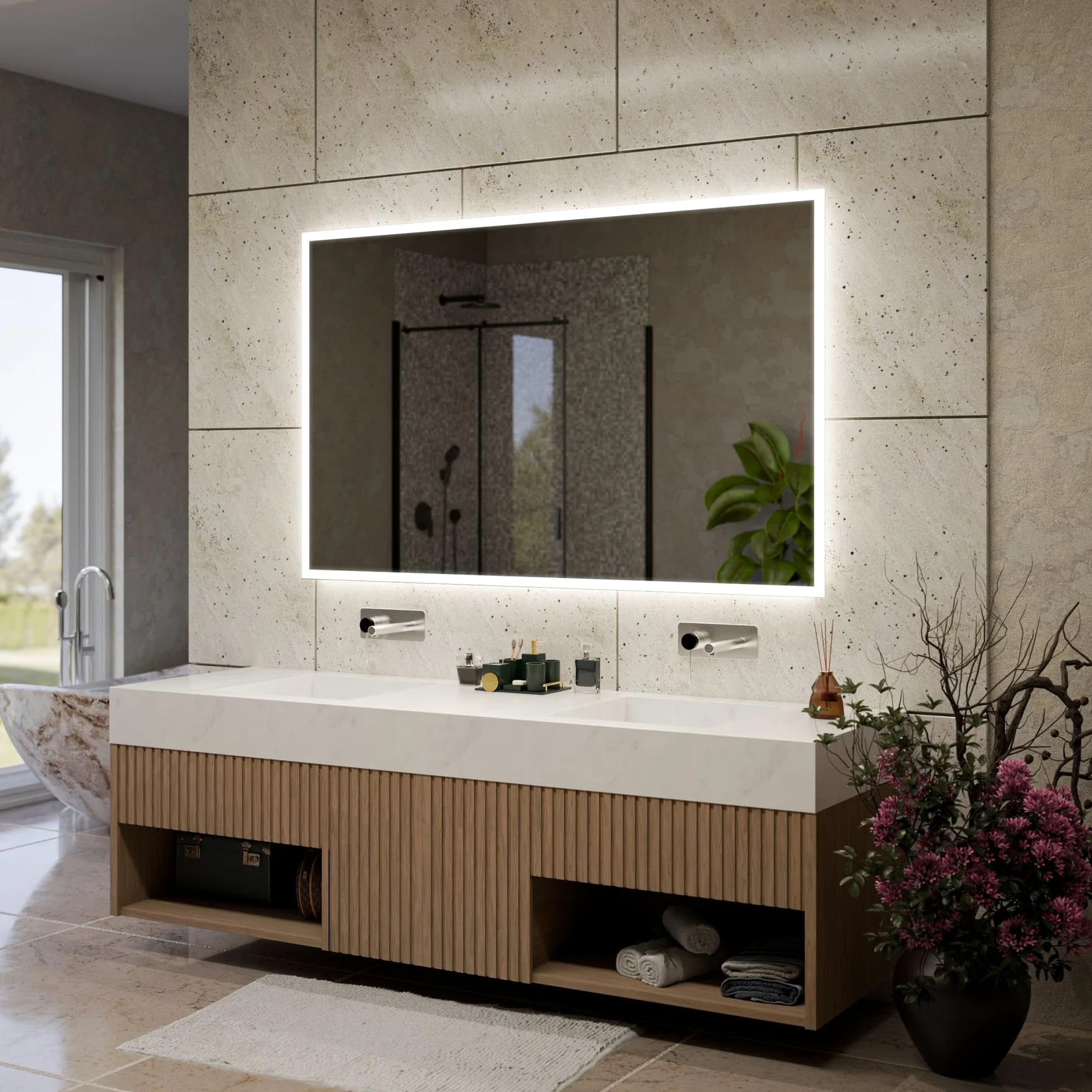 Boston Specchio Bagno LED 100x90cm Antiappannamento, Retroilluminato, Personalizzabile, Rettangolare, Selezione Colore Luce
