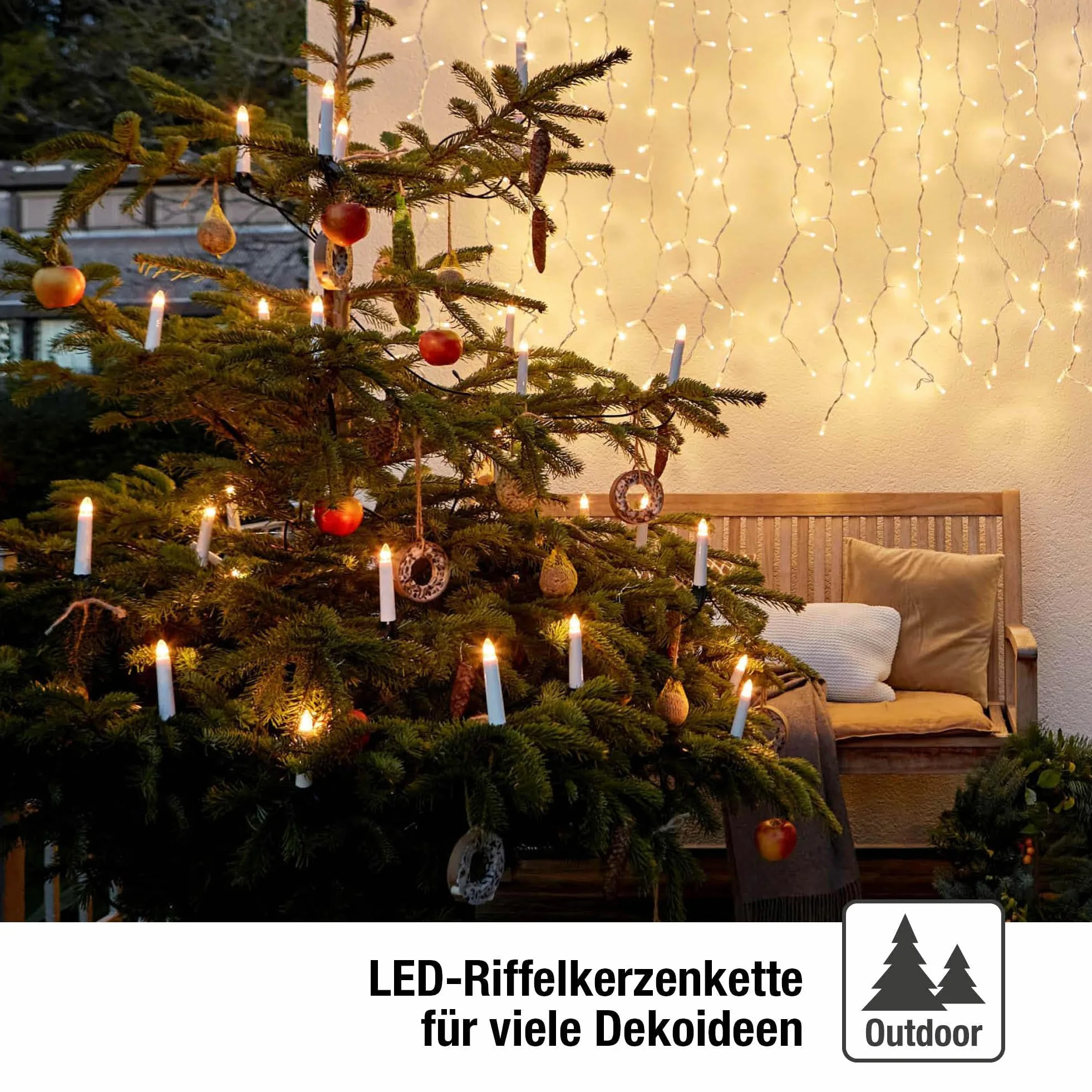 Hellum Catena luminosa per albero di Natale esterno con spina e clip, 45 candele LED per albero di Natale, 19,8 m, cavo alimentazione 5 m, codolo bianco, cavo nero, < 59 lm, 640410