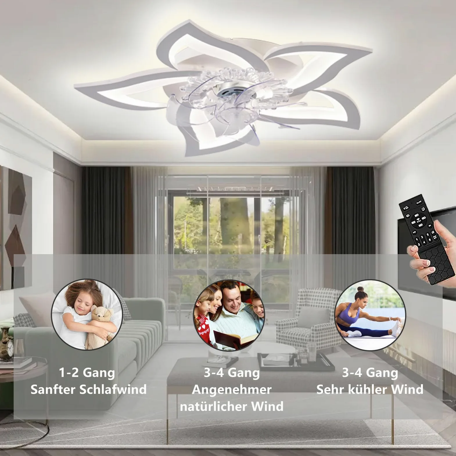 Ventilatore da soffitto silenzioso a LED con illuminazione,plafoniera da camera da letto 50W,con telecomando e lampada dimmerabile APP con ventilatore Paralume in acrilico a forma di fiore Lampade