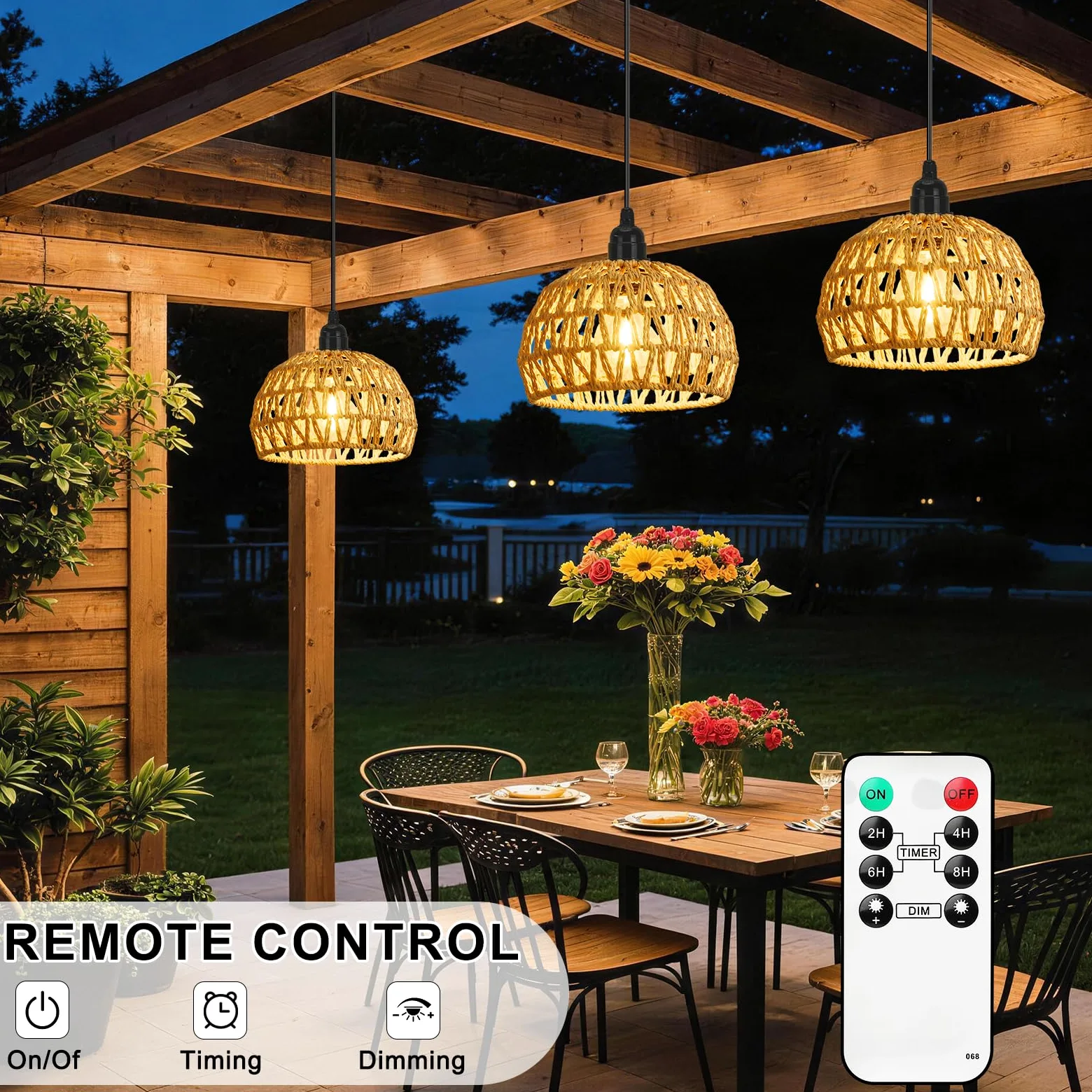 Lightess LampadariLightess 3x Lampadario con Batteria - Lampada a Sospensione Portatile Dimmerabile Telecomando, IP65 per Esterni e Interni, Stile Boho, per Giardino, Terrazza, Tavolo (Senza Fili)