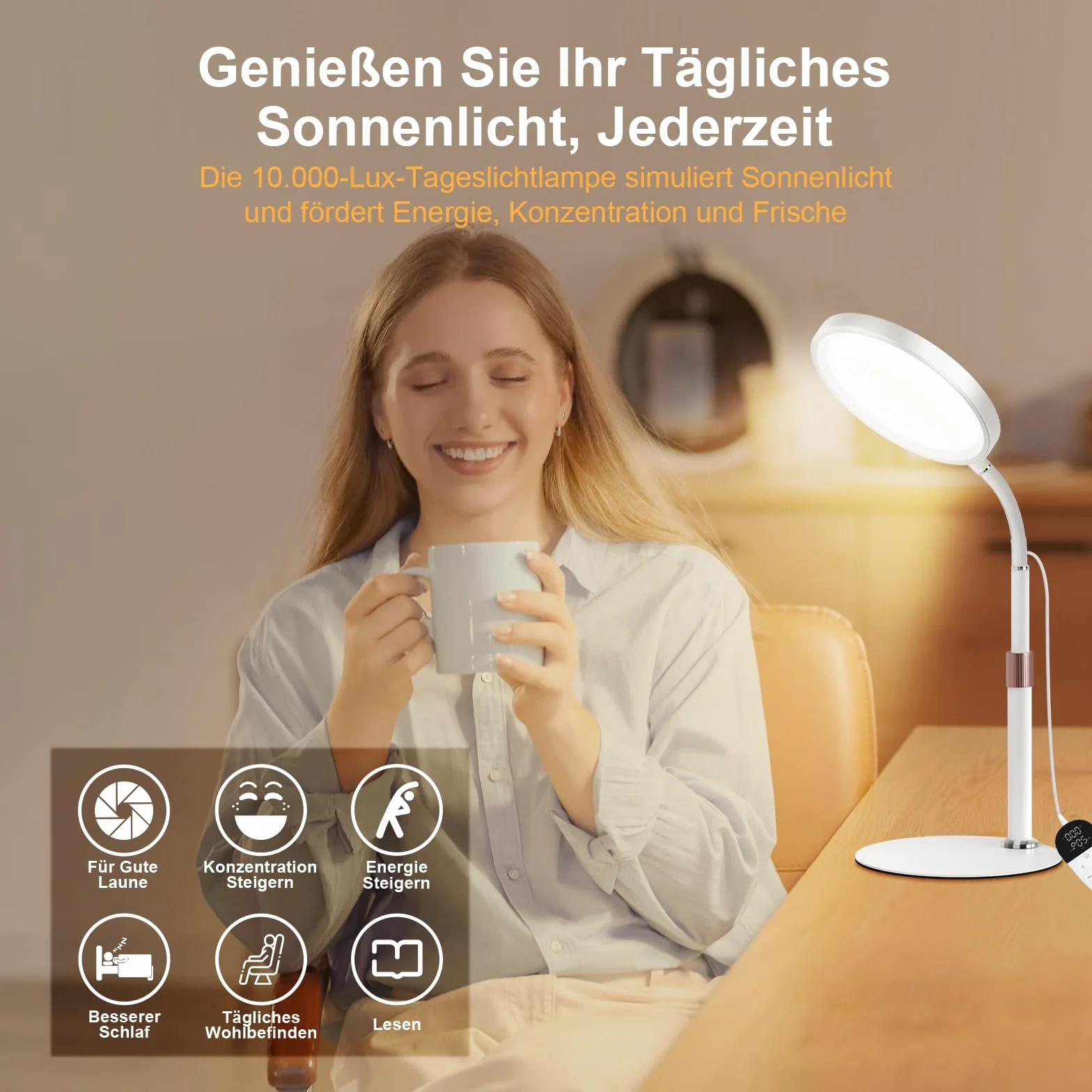 Lampada SAD, Lampada Per Terapia Della Luce Senza Raggi UV Da 10.000 lux, 3 Temperature Di Colore, 9 Luminosità e Timer da 15/30/45Min, Lampadas a luce Diurna Per Uso Domestico/Ufficio