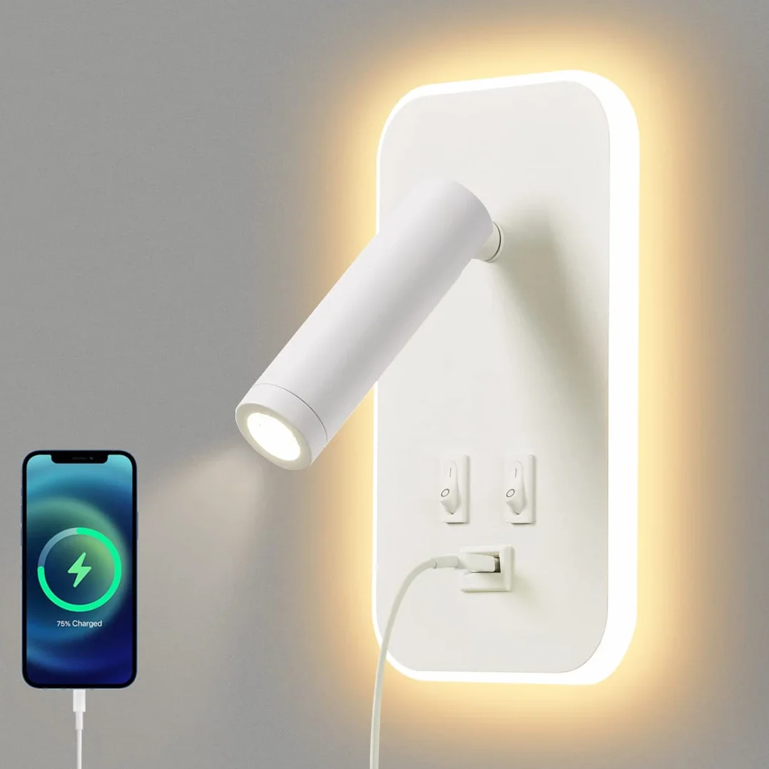 Lampada da Parete a LED, Lampada da Lettura da Comodino, con Porta di Ricarica USB, Faretto Regolabile con Luce Ambientale per Camera da Letto (3W 3100K+9W 6000K) Bianco
