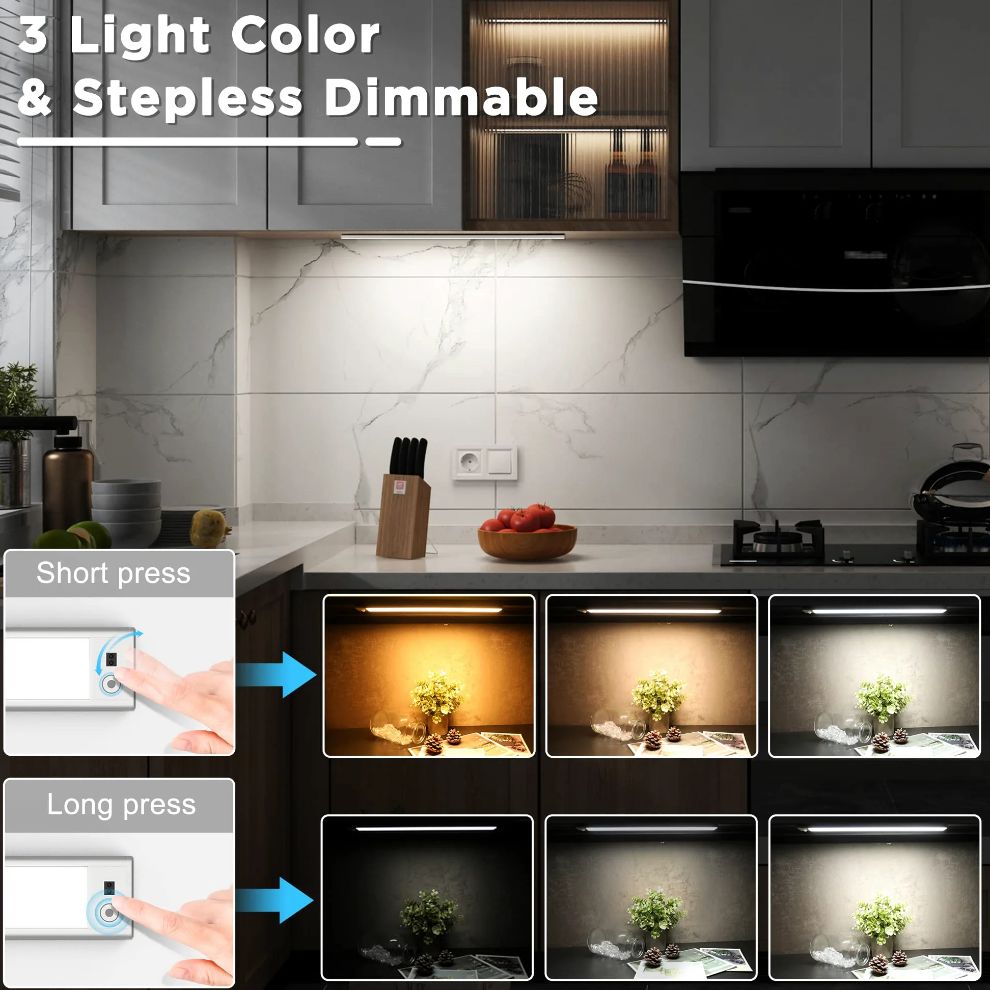 60cm Luce LED Sottopensile con Sensore Movimento a Mano,Barra Luminosa Ricaricabile USB 4500mAh 3Colori Dimmerabile,LED Magnetica Funzione Memoria Senza Fili per Cucina,Armadio,Bagno