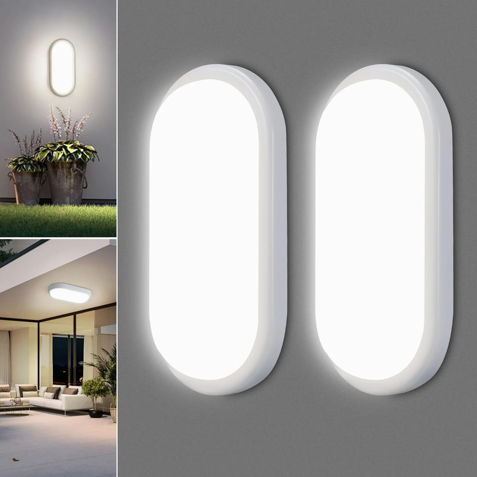 Lampada con Sensore di Movimento, 18W 1800LM Plafoniera Led Soffitto Ovale Esterno, IP54 Applique da Parete Interno Luci, 4000K Applique Luce Bagno per Balcone Scale Corridoio Garage, 2 Pezzo