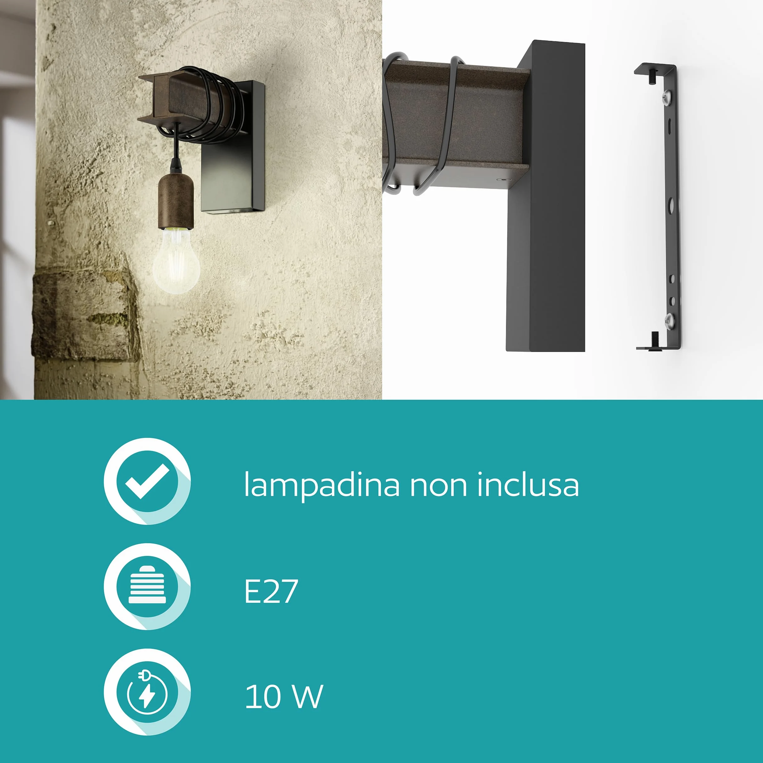 Eglo Lampada da parete Townshend 4, plafoniera vintage a uno punto luce, lampada da parete dal design industriale, lampada retrò in acciaio, nero, marrone, E27