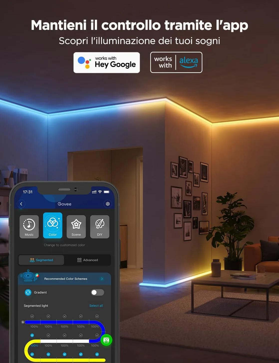 Govee RGBIC Striscia LED con Copertura, 5M LED Profilo con Luci Intelligenti Funzionano con Alexa e Google Assistant, Tagliabile e Collegabile, per Camera da Letto, Battiscopa, Studio, Mobiletto