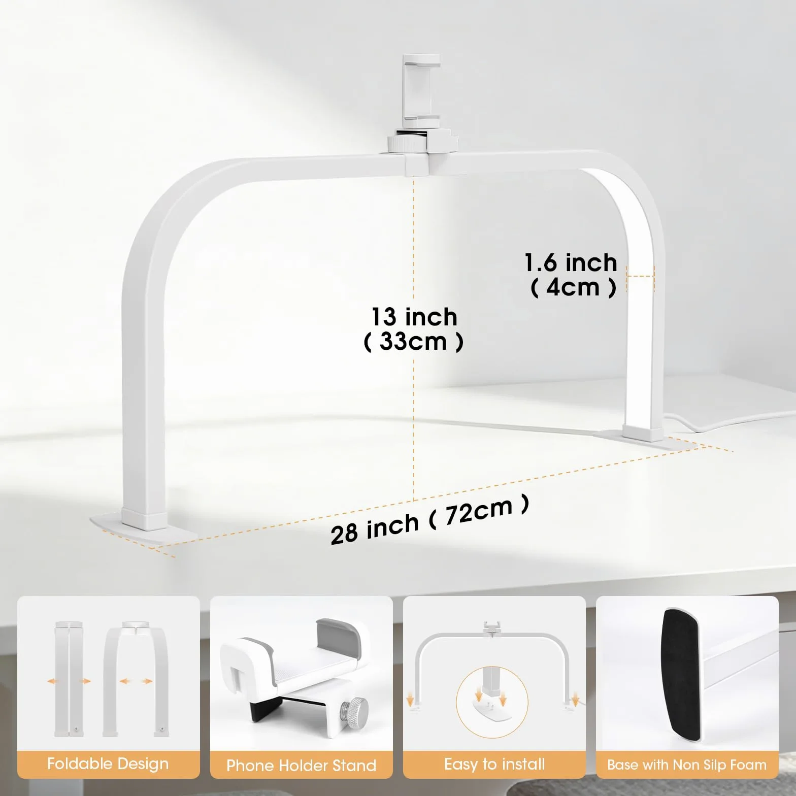 Lampada Mezza Luna Estetica, 72CM 40W Lampada Estetista da Tavolo per Unghie, Lampada Extension Ciglia con Porta Cellulare, Half Moon Light con 3 Modalità 10 Luminosità per Tatuaggi Manicure- Bianco