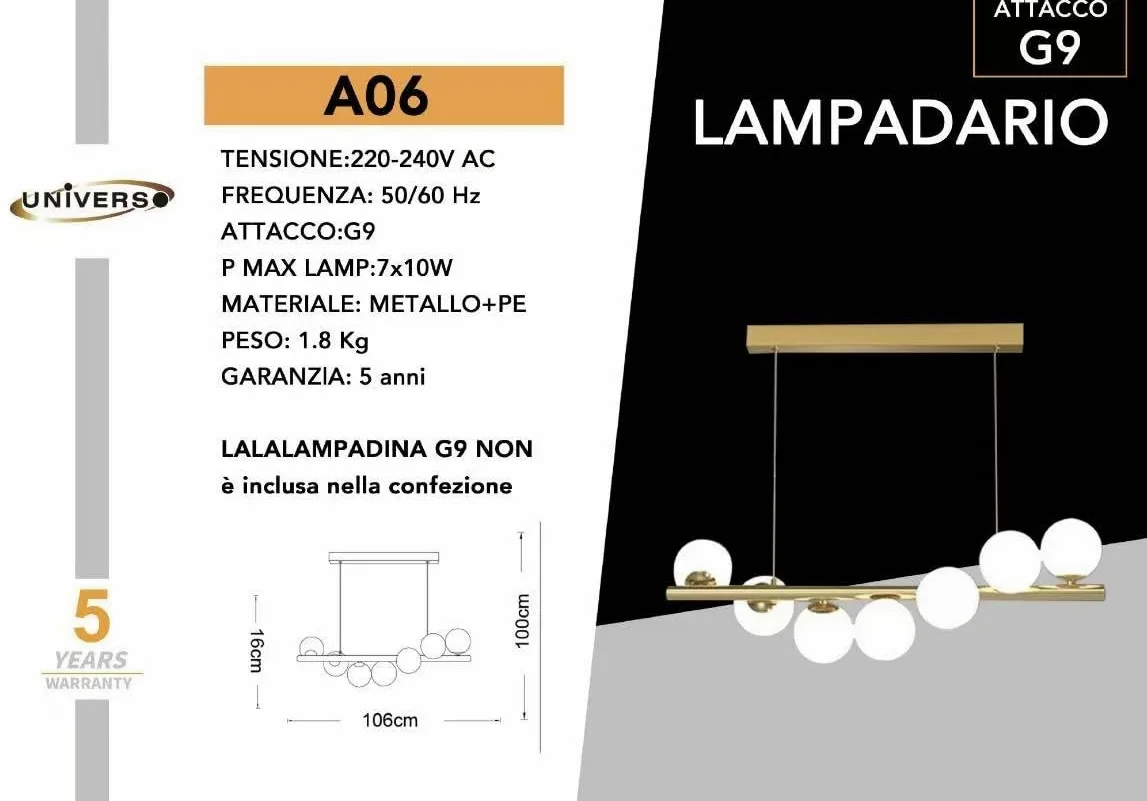 Lampadario Moderno a Sospensione 7 Luci G9, Design Bianco e Ottone, Altezza Regolabile, per Soggiorno Cucina Sala da Pranzo Camera da Letto – Senza Lampadine A06