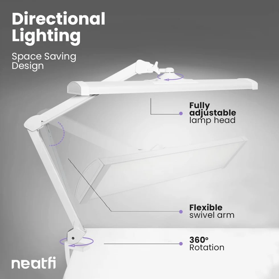 Neatfi Lampada da tavolo ultra luminosa da 3.500 lumen, con morsetto, lampada da scrivania super luminosa da 45 W, 270 LED SMD, lampada larga 26 pollici, dimmerabile, lampada a LED (bianco)