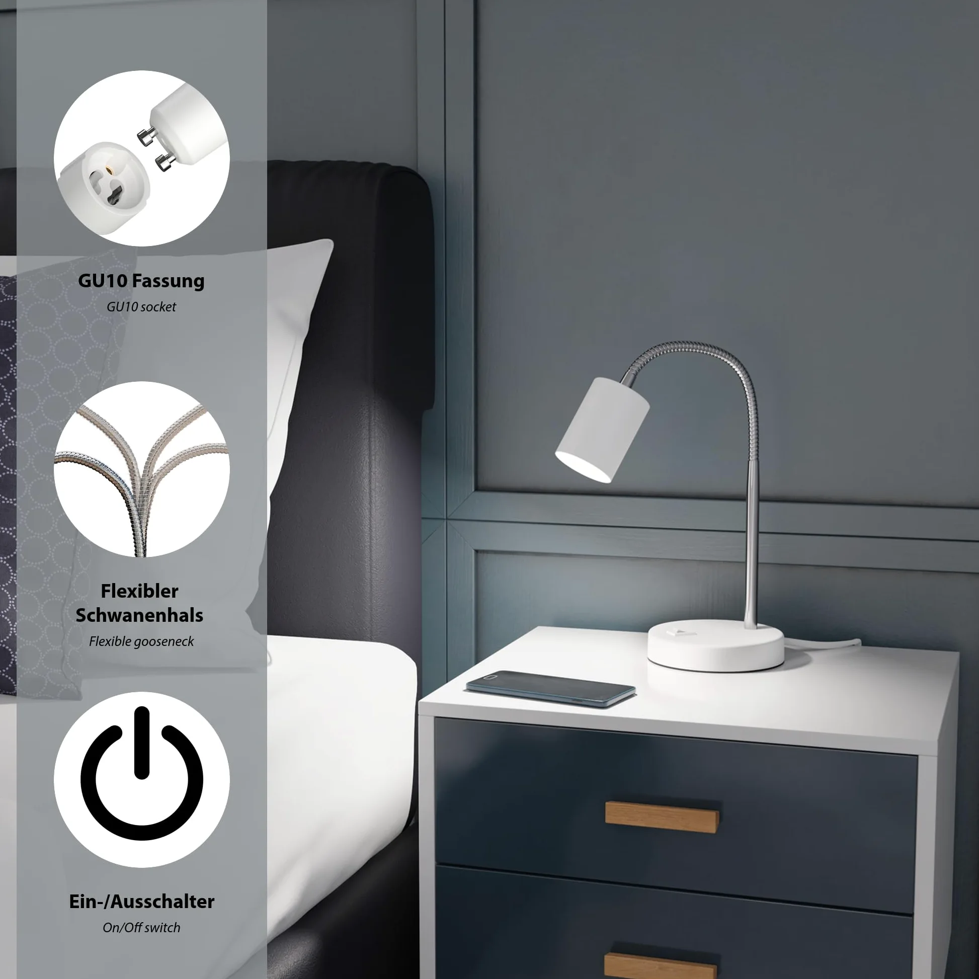 ledscom.de 2x lampada da tavolo WAIKA interruttore a collo d'oca bianco opaco Lampada LED bianca a 3 livelli di dimmerazione 609lm