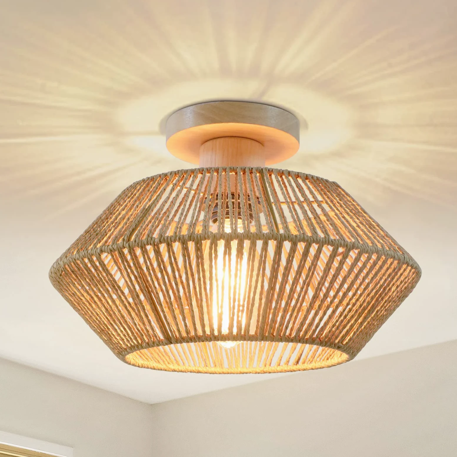Plafoniera Soffitto Camera da Letto Boho in Rattan, Lampadario Soffitto Intrecciato a Mano a 1 Luce, Plafoniere da Soffitto in Legno per Fattoria per Soggiorno, Cucina, Ingresso, Corridoio