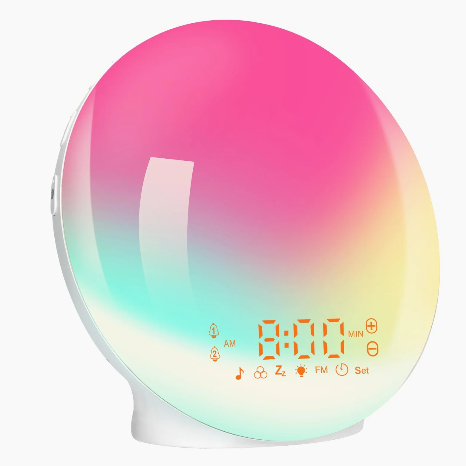 Sveglia luminosasvegliare con luce per simulare l'alba e il tramonto, doppio allarme e funzione snooze, 11 colori di luce, 7 suoni naturali, radio FM