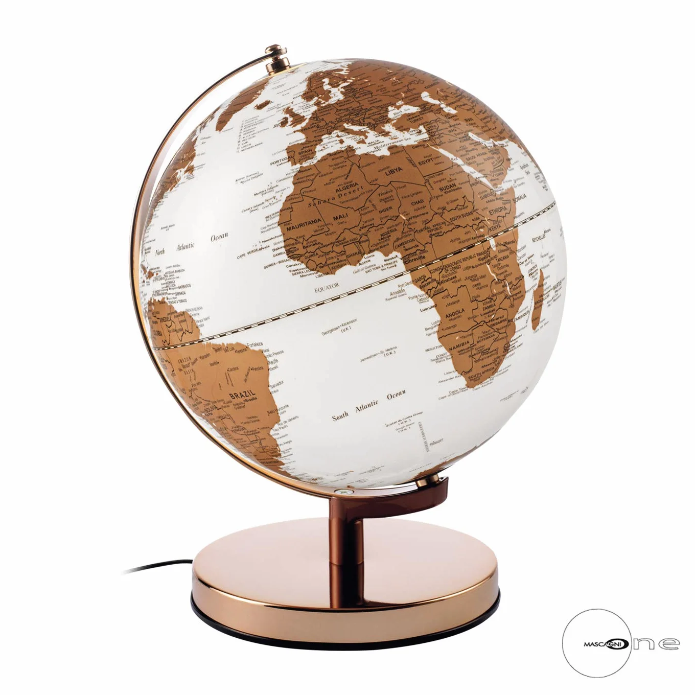 Mascagni - Globo Terrestre decorativo Luminoso - Mappemonde - Illuminazione a LED - Base in metallo Finitura dorata - Diametro 30 cm