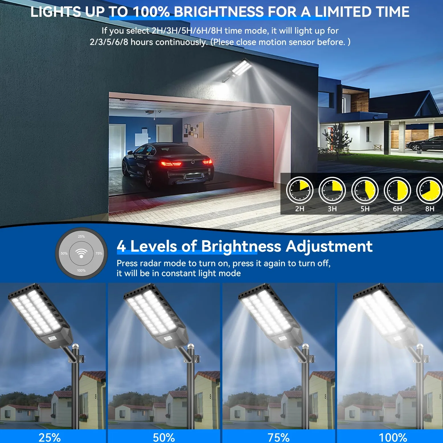 Adewalk 2200W Lampione Solare Led Esterno con Telecomando, IP66 Impermeabile Lampada Stradale Solare con Sensore di Movimento, 6500K Super Bright Lampioni da Giardino Esterno Solari per Garage Strada