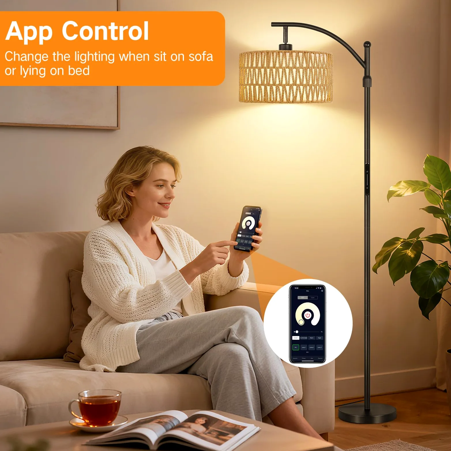 OUTON Lampada da Terra in Rattan, Lampada ad Arco Dimmerabile con App, Telecomando e Comando Touch, 4 Temperature di Colore, 2 Paralumi, Piantana LED da 12W per Soggiorno, Camera, Ufficio, Nero