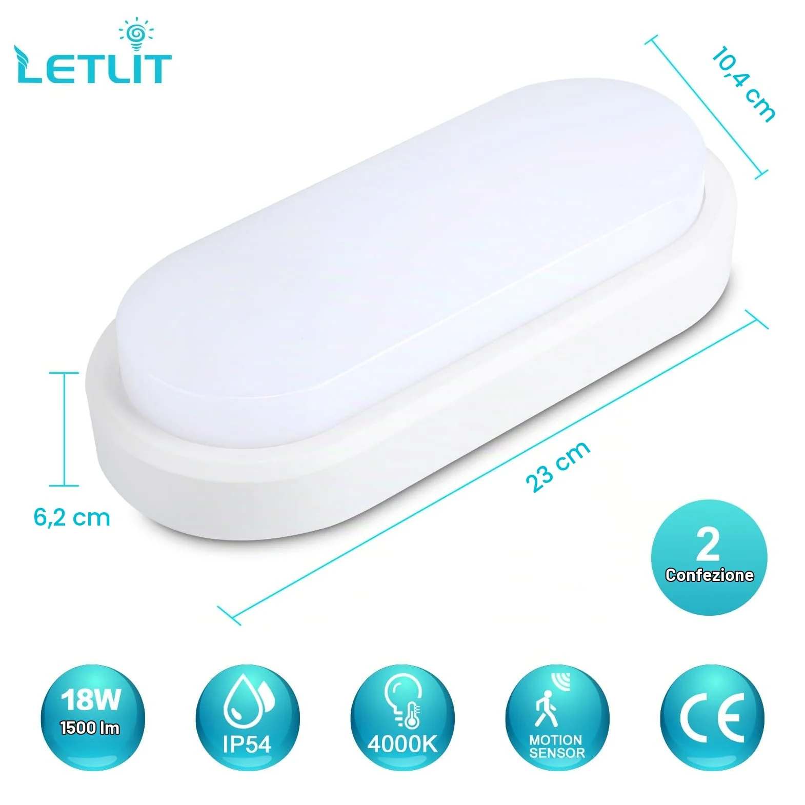 Lampada con Sensore di Movimento, 18W 1800LM Applique da Parete Interno Luci, IP54 Plafoniera Led Soffitto Ovale Esterno, 4000K Applique Luce Bagno per Balcone Scale Corridoio Garage, 2 Pezzo