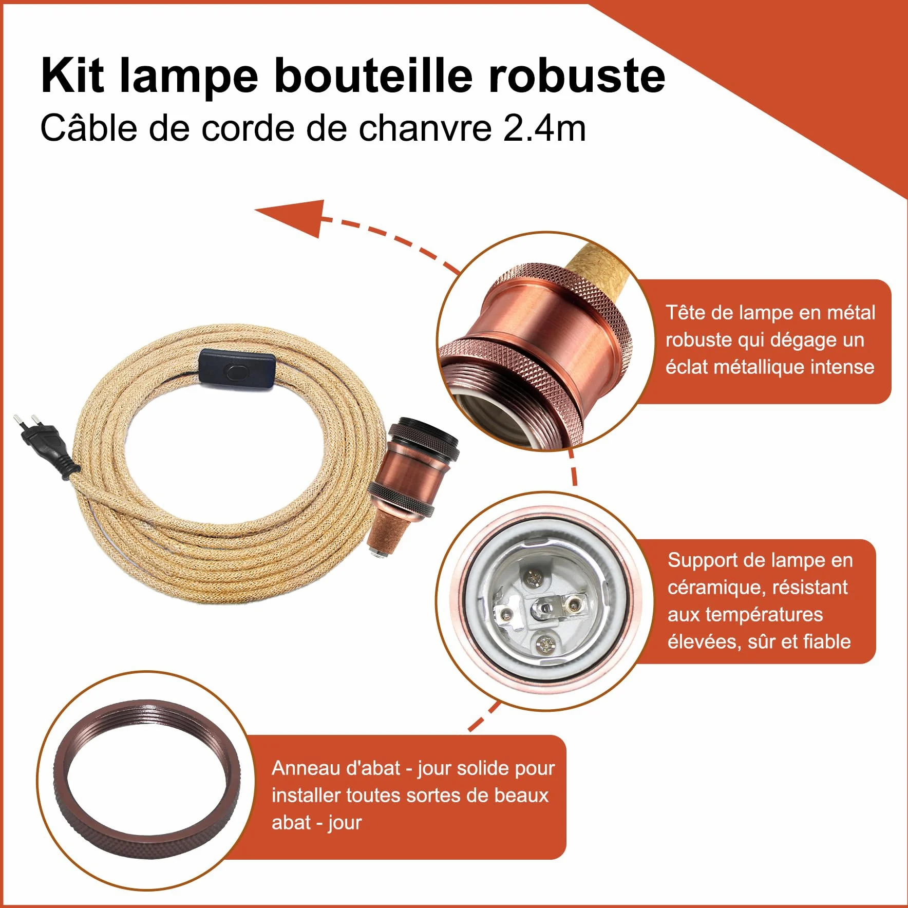 2PCS Kit Lampada Bottiglia, Portalampada E27 con Cavo di Canapa da 240CM, Supporto per Lampada Bottiglia, 3 Tappi Flessibili, Adattatore per Bottiglia per Portalampada, Può Fare da Paralume, Rosso