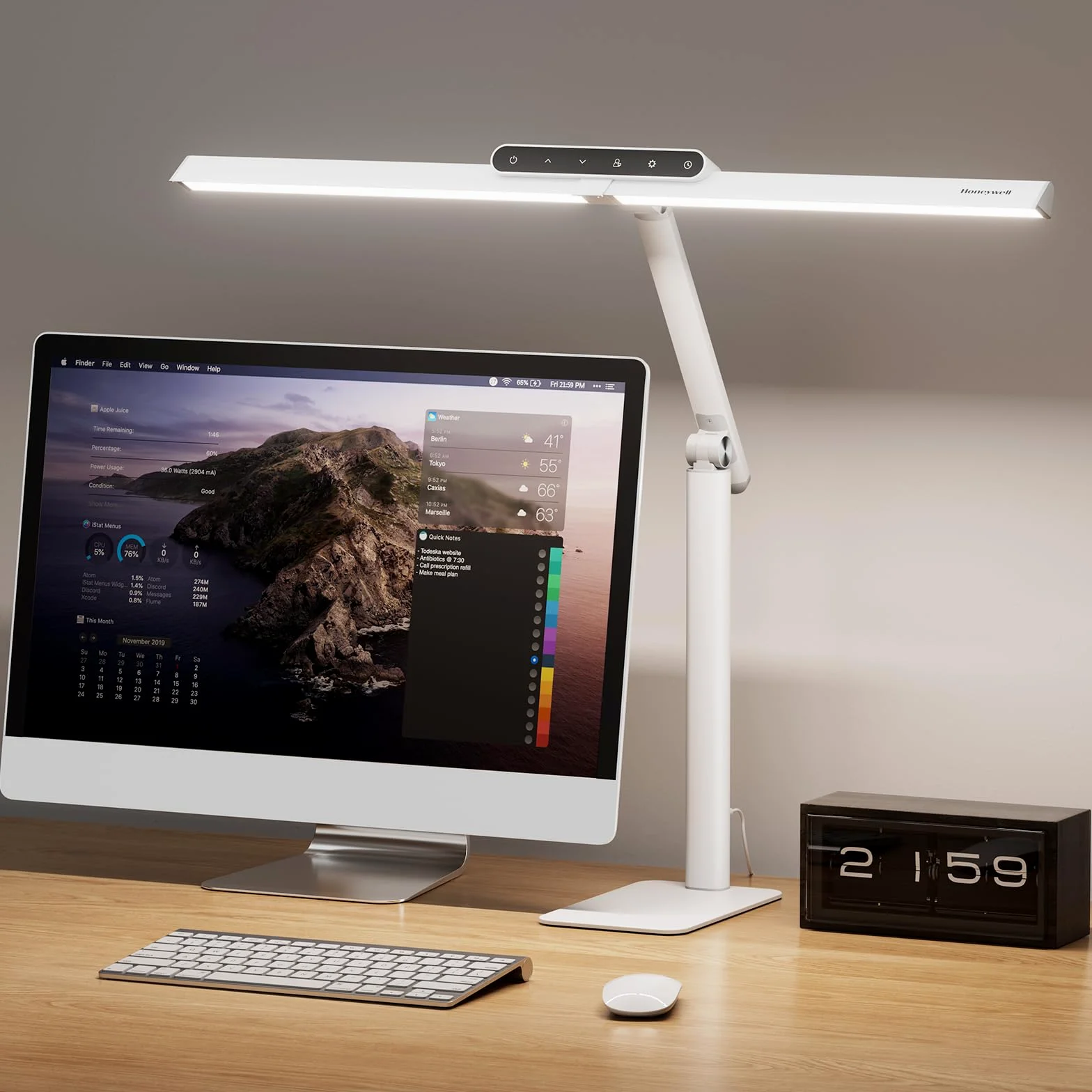 HONEYWELL HJ1BK-Base Sunturalux - Lampada da scrivania a LED da scrivania per ufficio, 1200 lm, 4 modalità di colore con timer, colore: Bianco