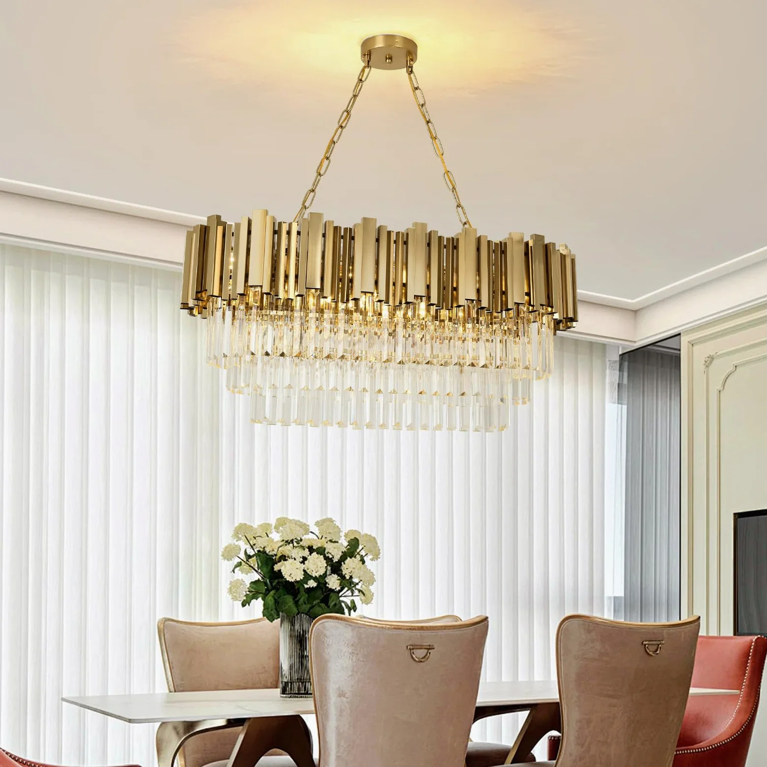 Lampadario moderno in cristallo oro, illuminazione a sospensione ovale in cristallo per soggiorno, sala da pranzo, camera da letto, ristorante, E14 x 8, 80 x 35cm