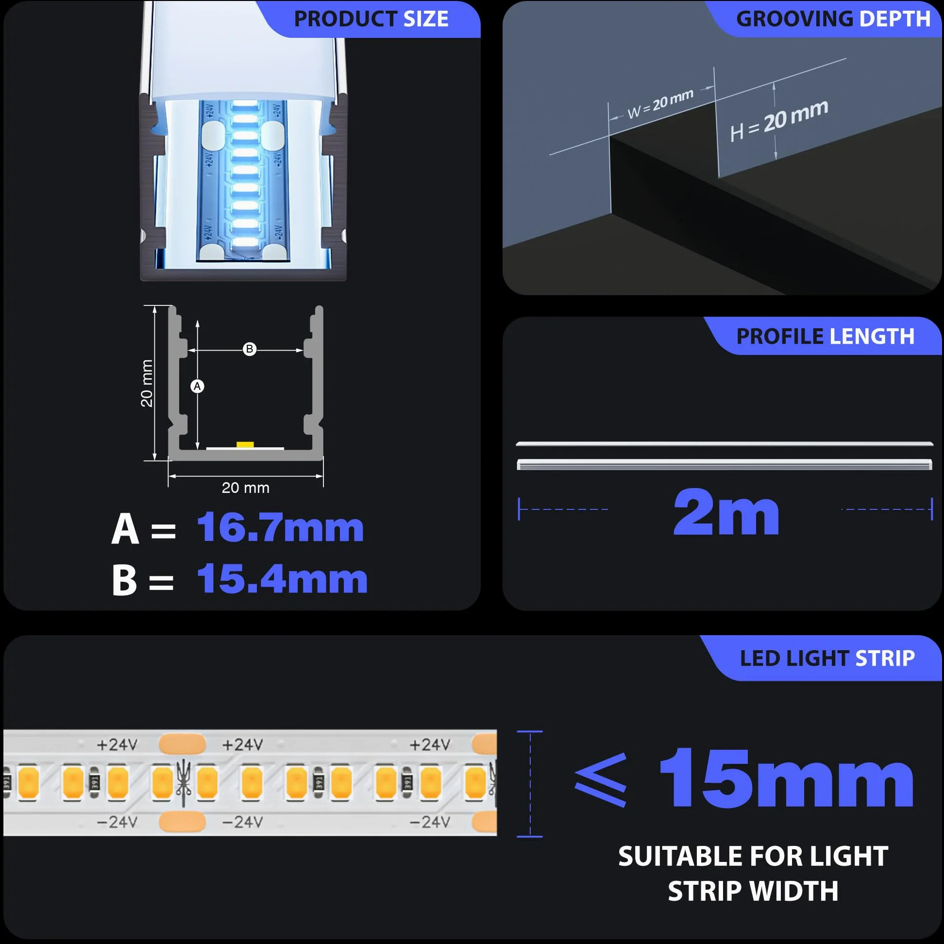 22 profili in alluminio per nastro LED 2 metri La guida del diffusore di luce, profilo LED incassato, dimensioni 20 x 20 mm, larghezza massima banda 15 mm, con coperchio in PC bianco