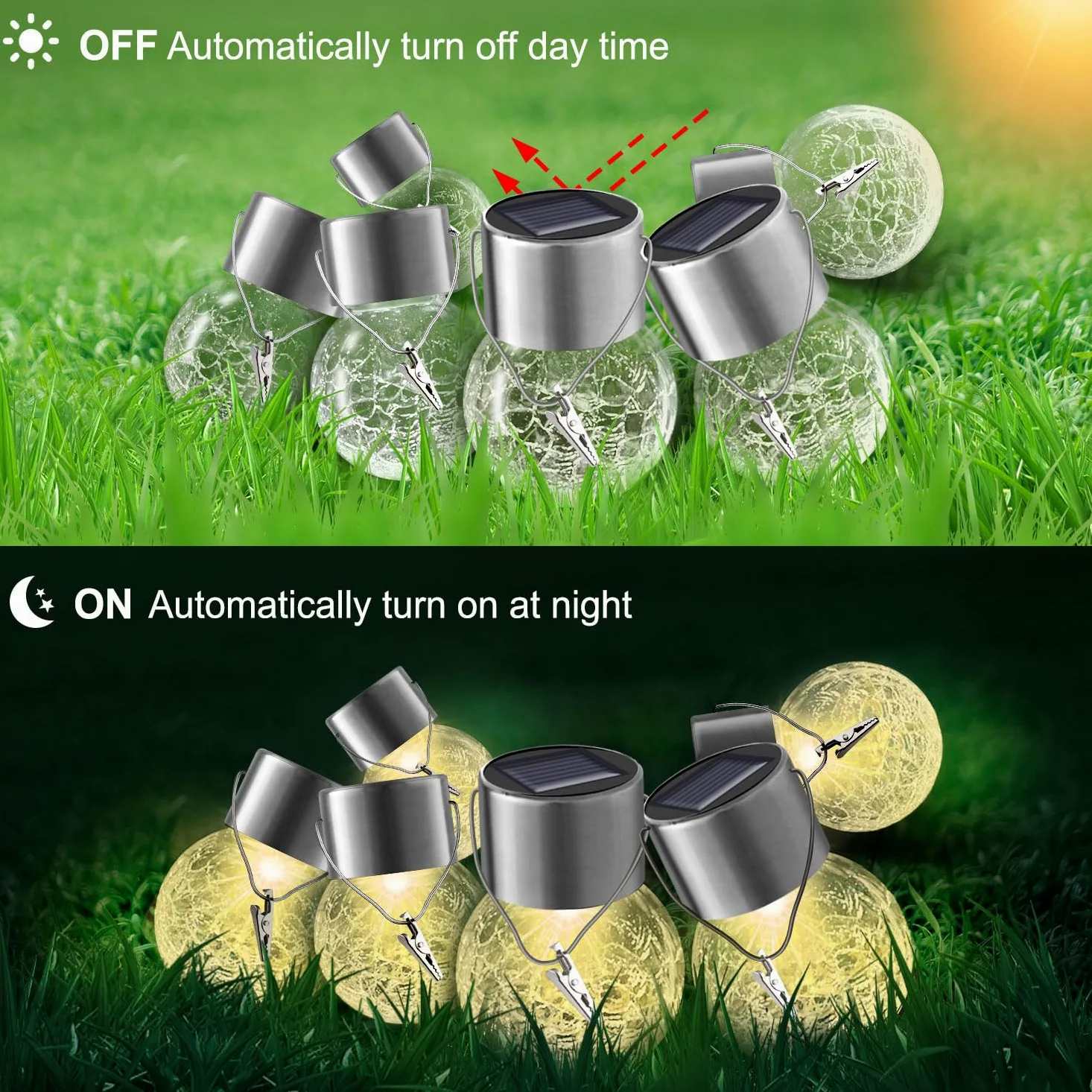 Luci solari da appendere per esterni, confezione da 8, lanterna solare impermeabile con manico e clip, luci a sfera in vetro a energia solare, per giardino, cortile, recinzione, albero, ombrello,