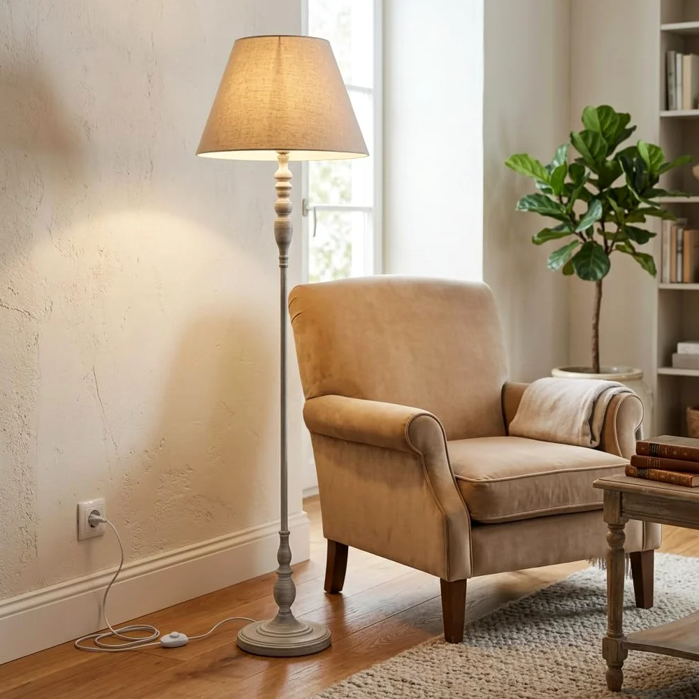 DiKasa Lampada da Terra Classica con Paralume in Tessuto Beige e Base in Metallo Grigio, Design Elegante e Minimal per Soggiorno Camera da Letto e Angolo Lettura 38x154 cm