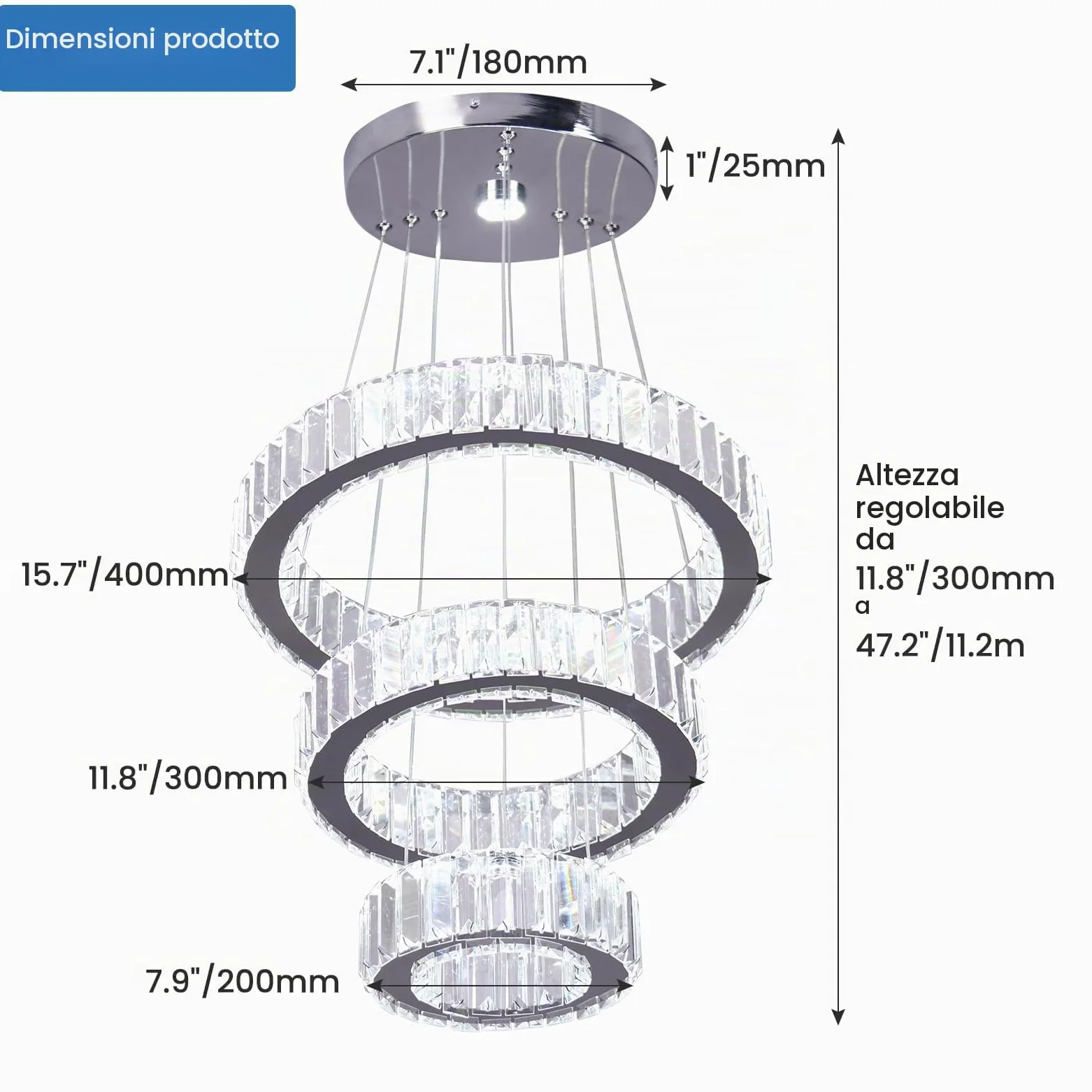 FRIXCHUR Lampadario in cristallo a 3 anelli da soffitto a LED per soffitto alto, lampadario da appendere per camera da letto, sala da pranzo, soggiorno (6500 K) bianco freddo