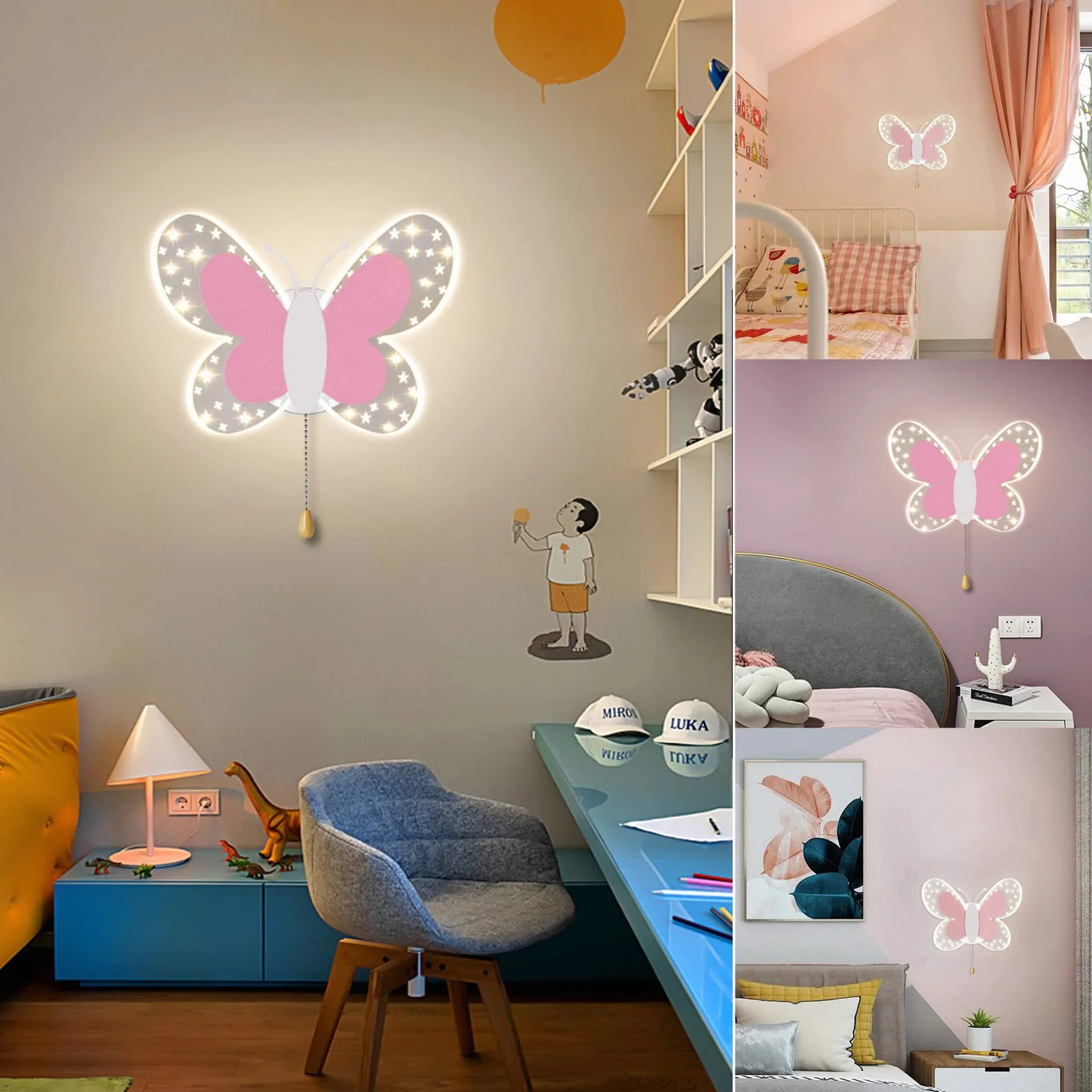 Lampada da Parete a LED per Cameretta dei Bambini, 16W Lampada a Muro con Interruttore, Effetto Stella Illuminazione a Parete per Camera da Letto, 3 Temperature di Colore Regolabili, Rosa
