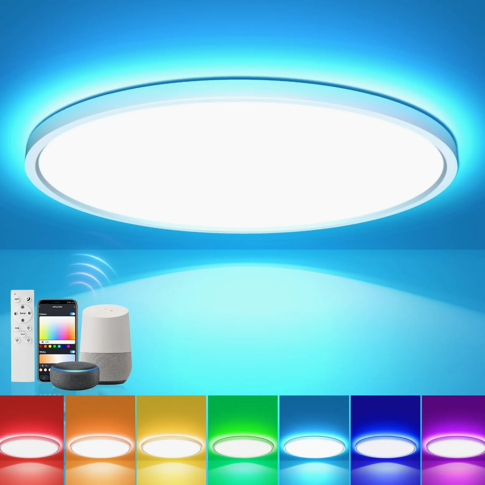 Plafoniera LED Soffitto RGB, Intelligente Lampada LED Soffitto Dimmerabile, Compatibile con Alexa Google Hom, Lampadario con 16 Milioni Colori per Camera da letto, Soggiorno, Bagno, 28W, 2800LM, 30CM