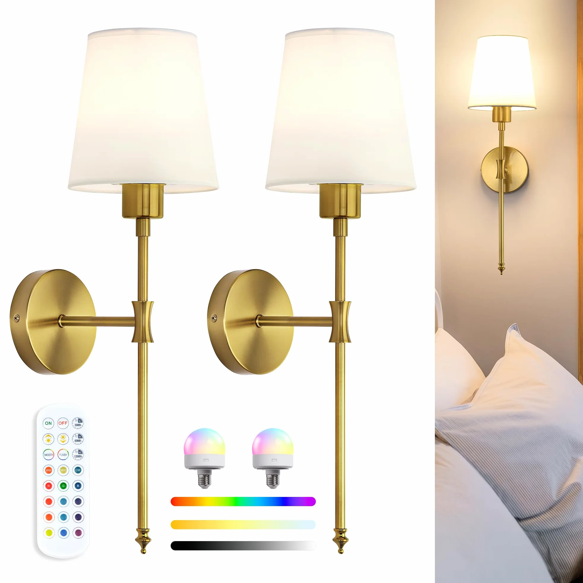 Wandleuchte Innen Akku LED Wandleuchte kabellos oder fest verdrahtbar, RGB Wandlampe mit Fernbedienung, 57 cm Höhe, Wandlichte Innen für Wohnzimmer, Schlafzimmer, Kinderzimmer, Gold VEYA WL04
