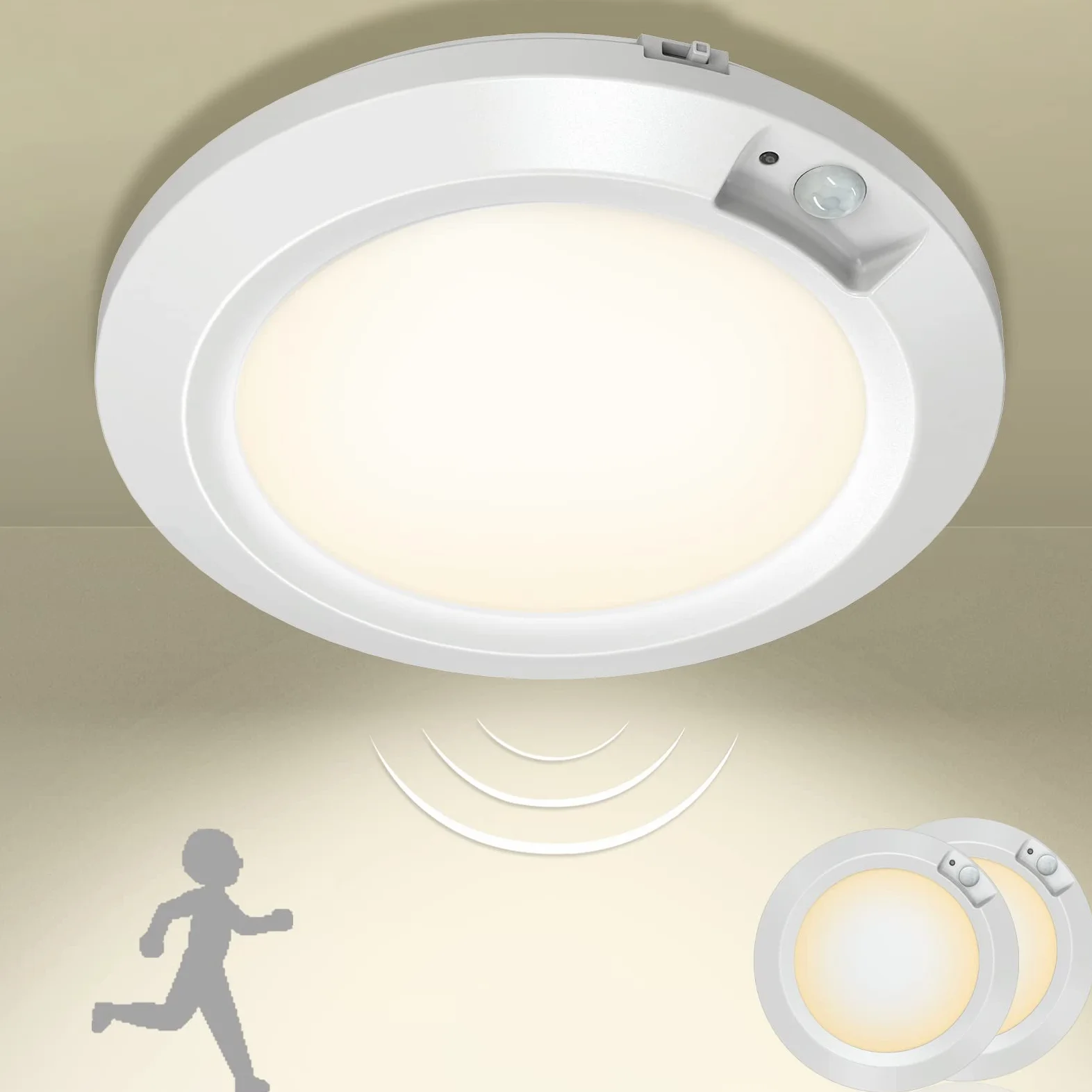 LED Luce Notturna a Batteria con Sensore di Movimento, Alta Luminosità Lampada Guardaroba Luce Plafoniere Alimentato a Batteria per Armadio Corridoio Bagno Cantina Scale, 3000K [2 Pezzi]