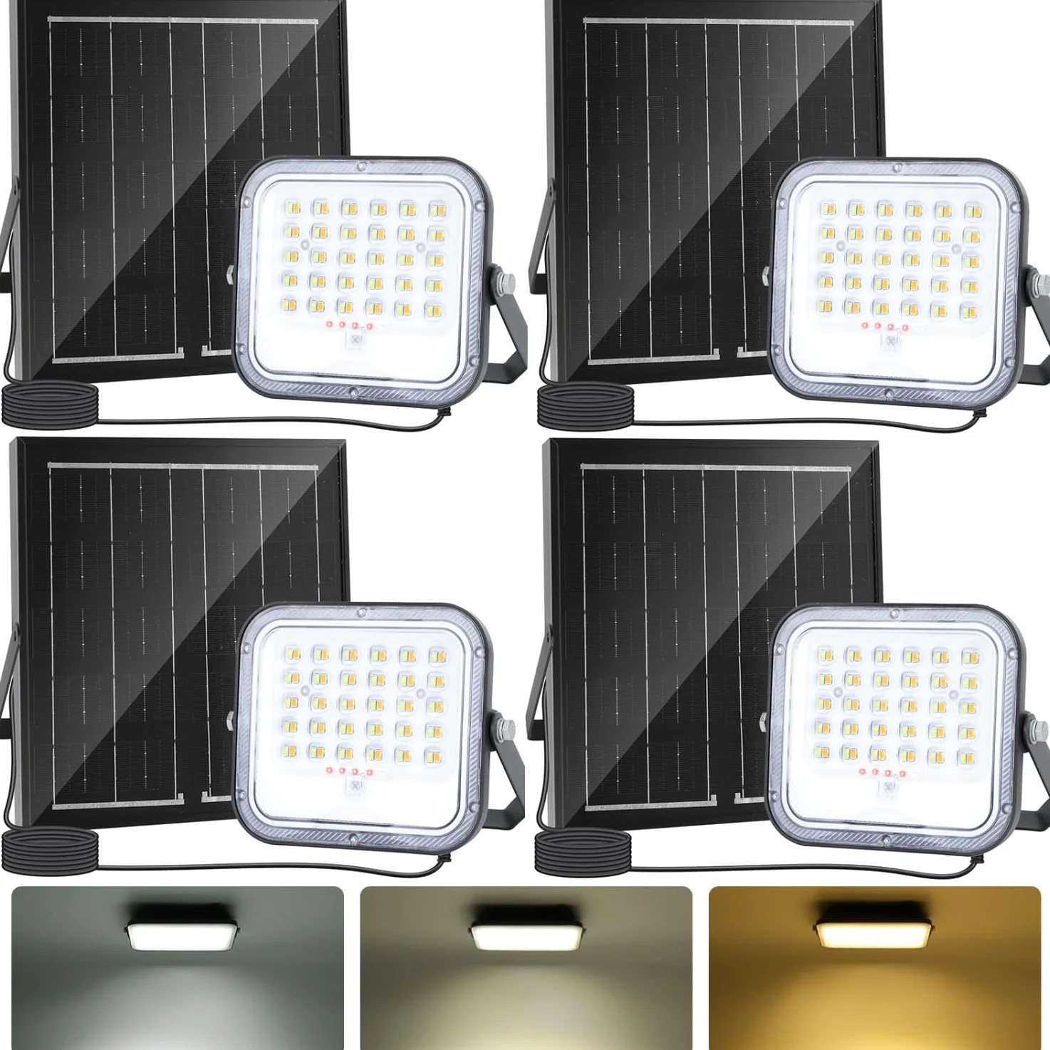 Aigostar- Faro led esterno con grande pannello solare,dimmerabile 3000/4000/6500K,4000mAH,Batteria di grande capacità,Faretto led da esterno solare con telecomando per esterno e giardino,4 Pezzi
