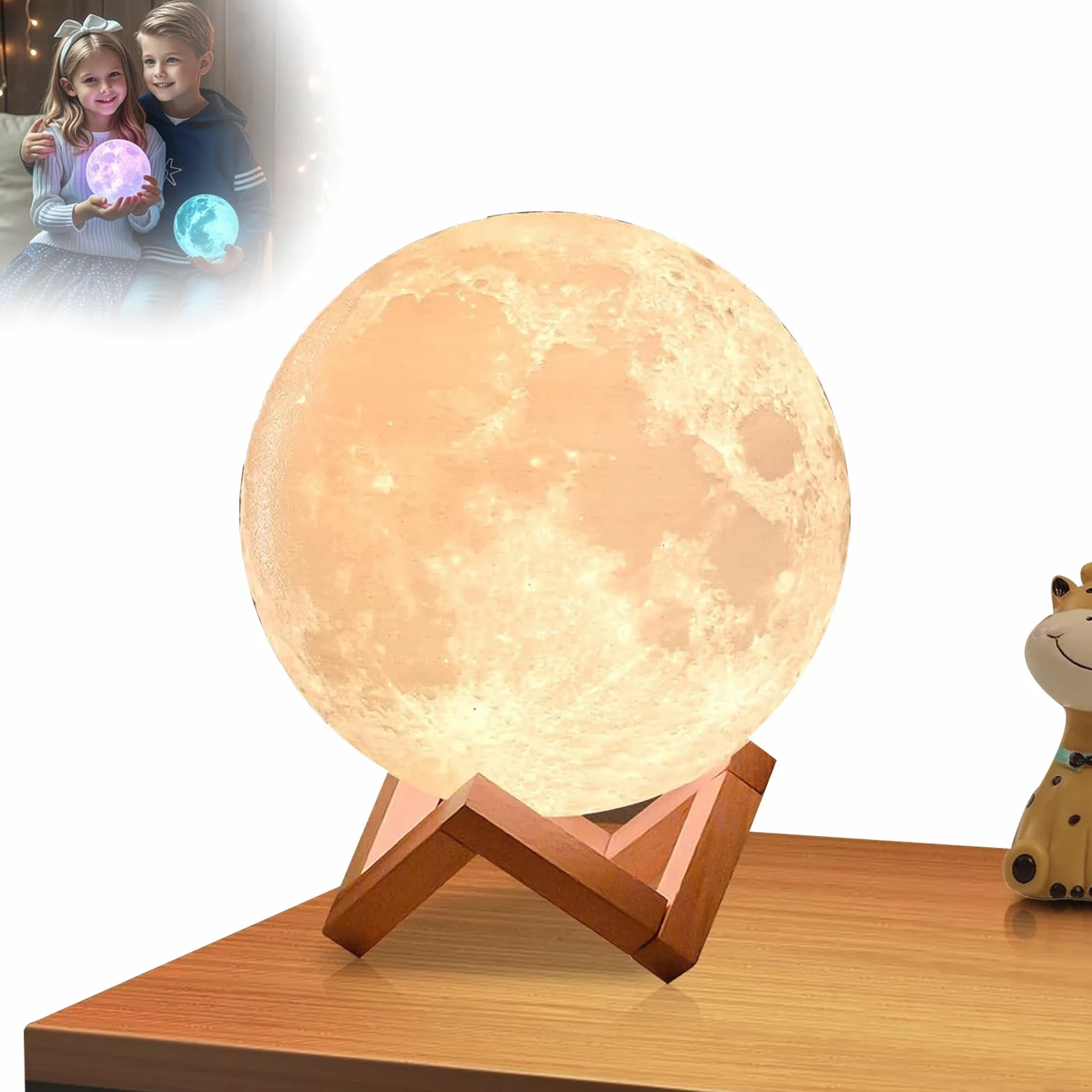 Lampada notturna 3D a forma di luna, con telecomando e controllo touch, ricaricabile tramite USB, funzione di temporizzazione, 16 colori, supporto in legno