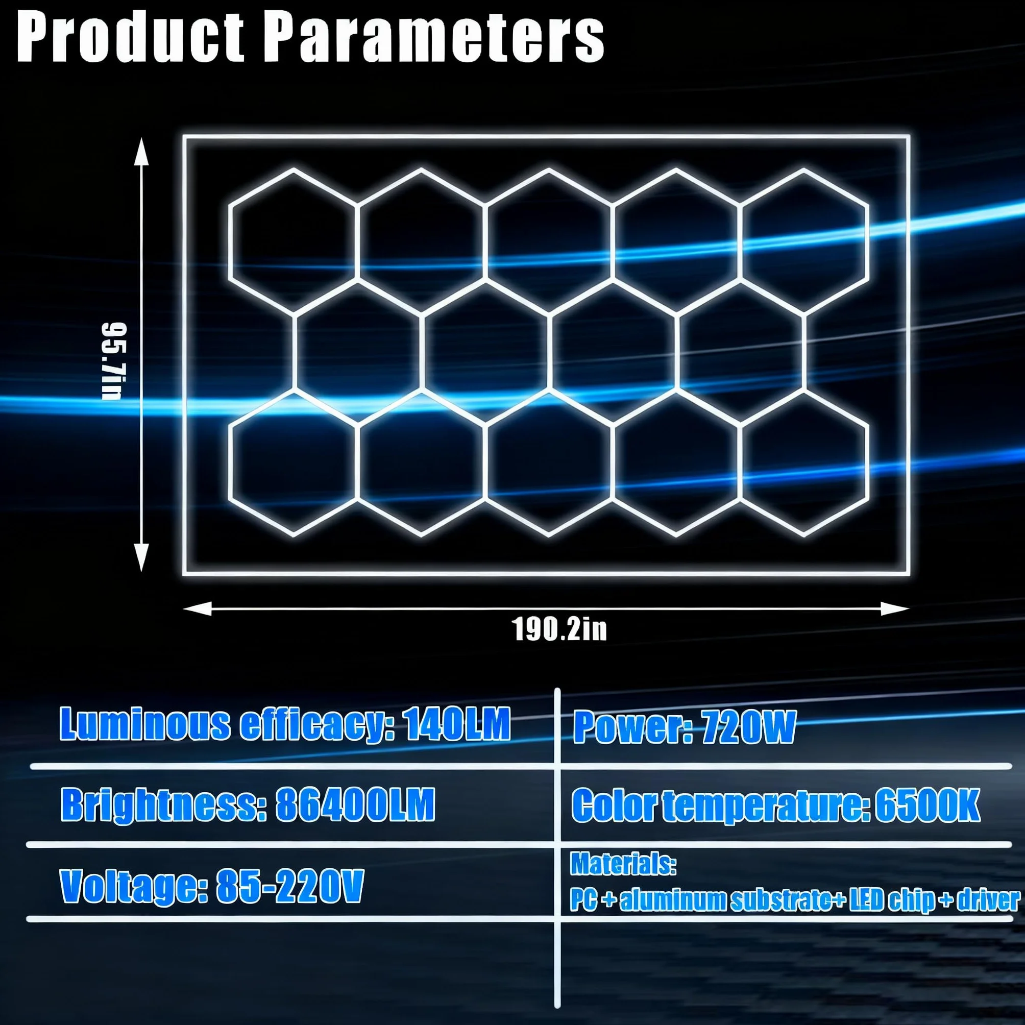 Kit 14 Luci Esagonali LED per Interni, 86400 Lumen 720W Plafoniera per Garage, Officina Auto, Palestra | Design Moderno, IP54,K