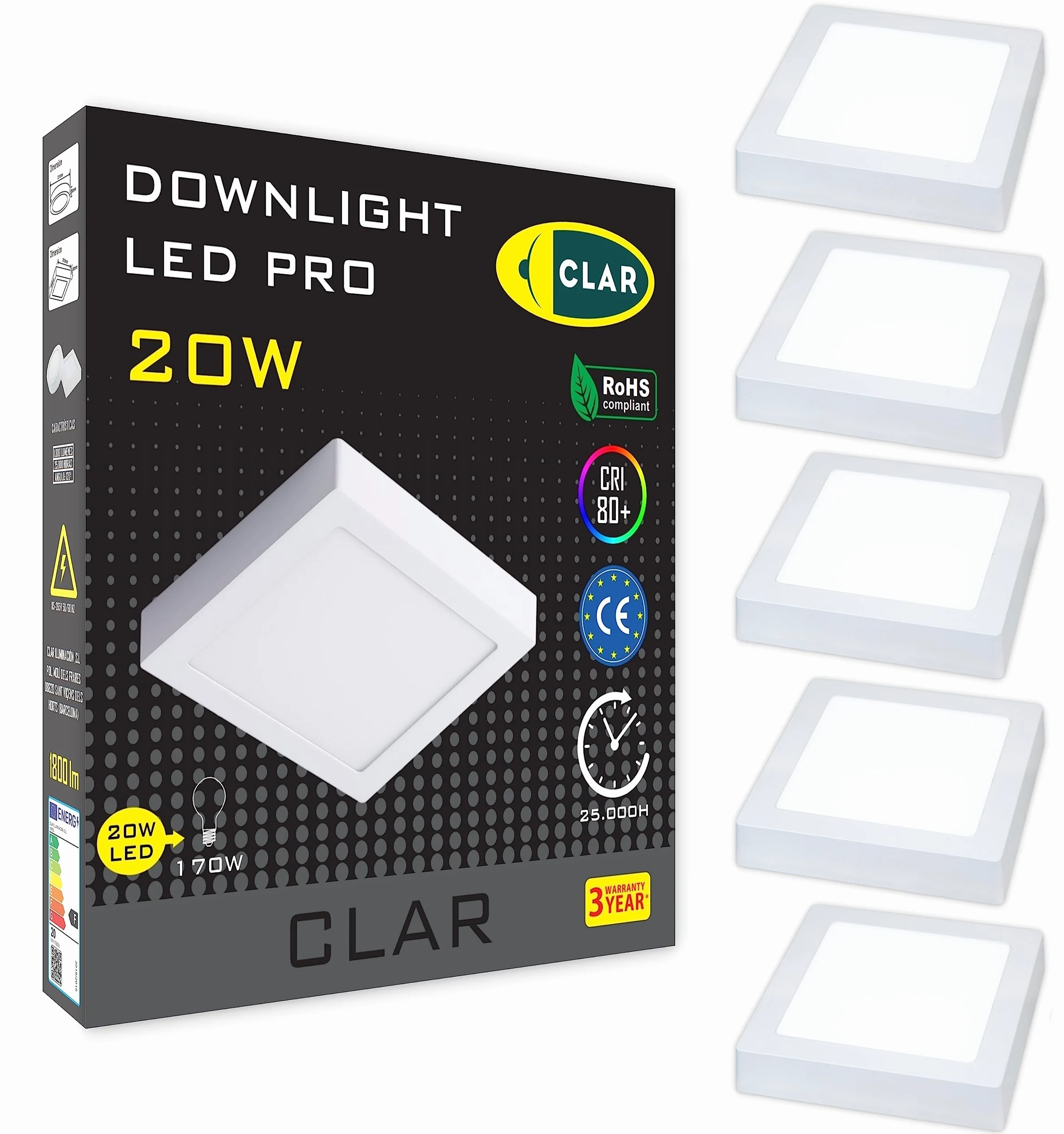 CLAR - LED Plafoniera Quadrata Soffitto, Lampada Bagno e Cucina, Per Esterno, 20W 4000ºK - Garanzia 3 anni (Pack 5)