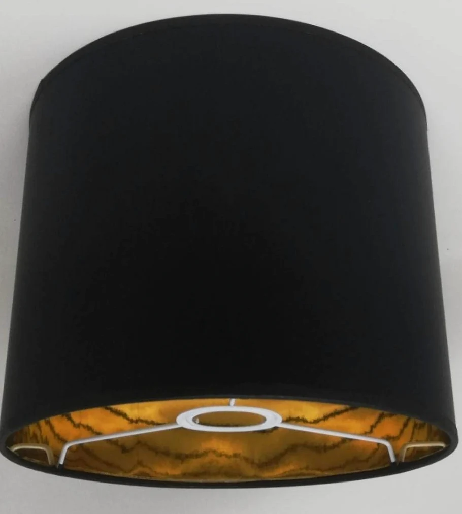 Paralume Cilindro in Tessuto Nero con interno Oro, fatto a mano, varie misure, per lampada da tavolo, sospensione, piantana (Diametro 25 cm, Altezza 20 cm)