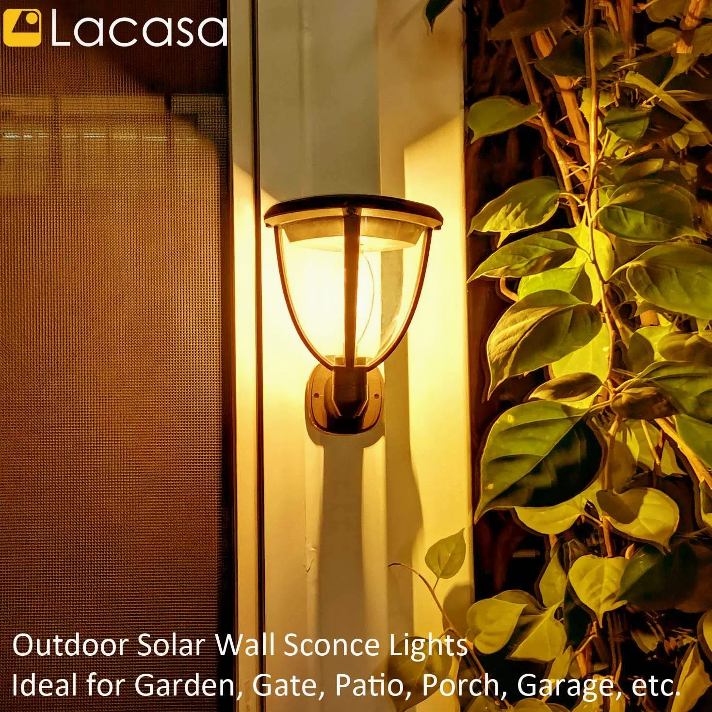 Lacasa Luce Solare LED Esterno, Lampada Solare 【2 Pezzi Versione Potente】 IP65 Impermeabile 2 Modalità di Lavoro Lampade da Parete Portico per Esterni Luci Solari per Giardino, Bianco Caldo 2700K