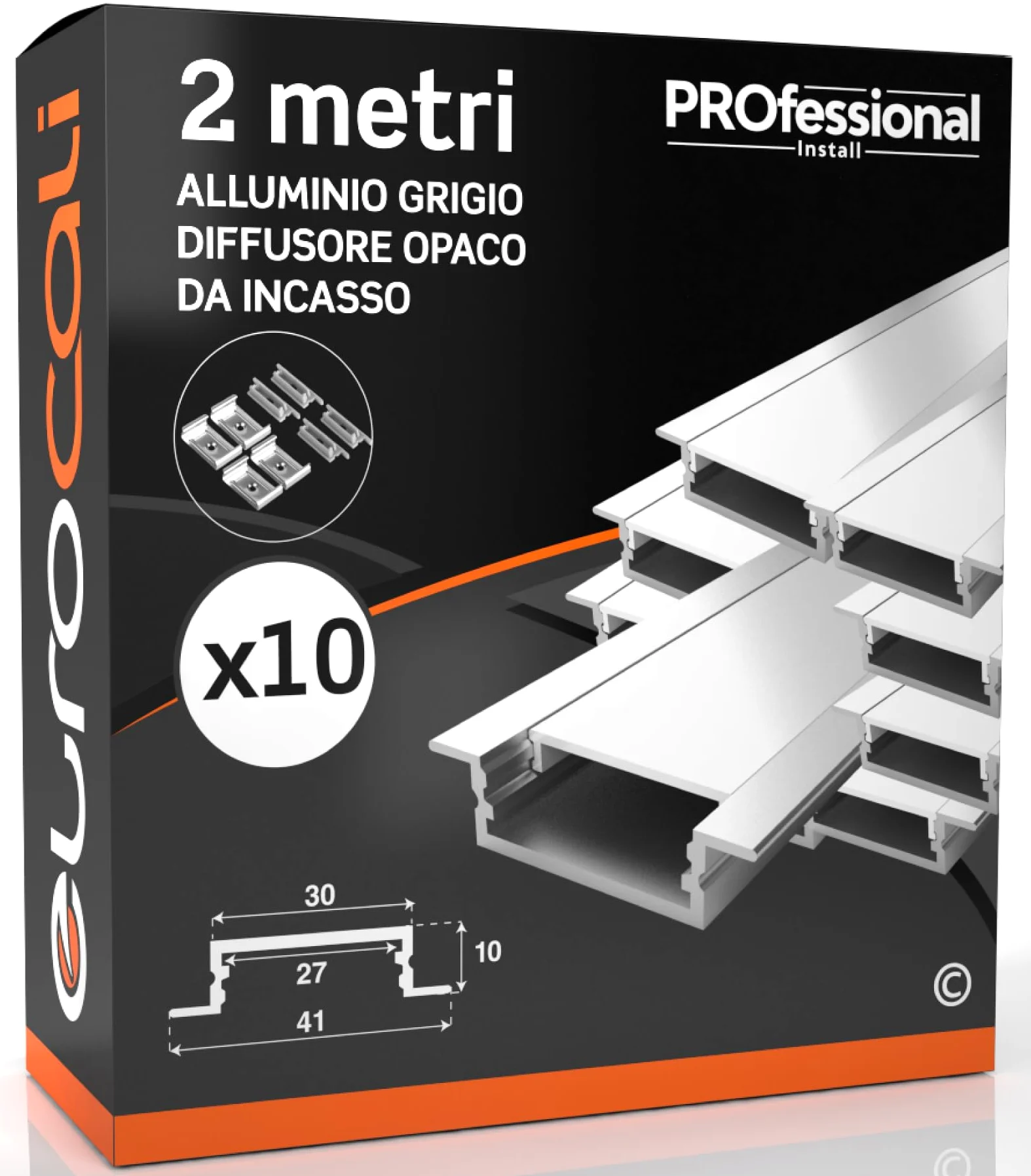 Eurocali Profilo Alluminio per Strisce LED fino a 27mm - Incasso con alette - 2000 x 41 x h10 mm - Pacco da 10