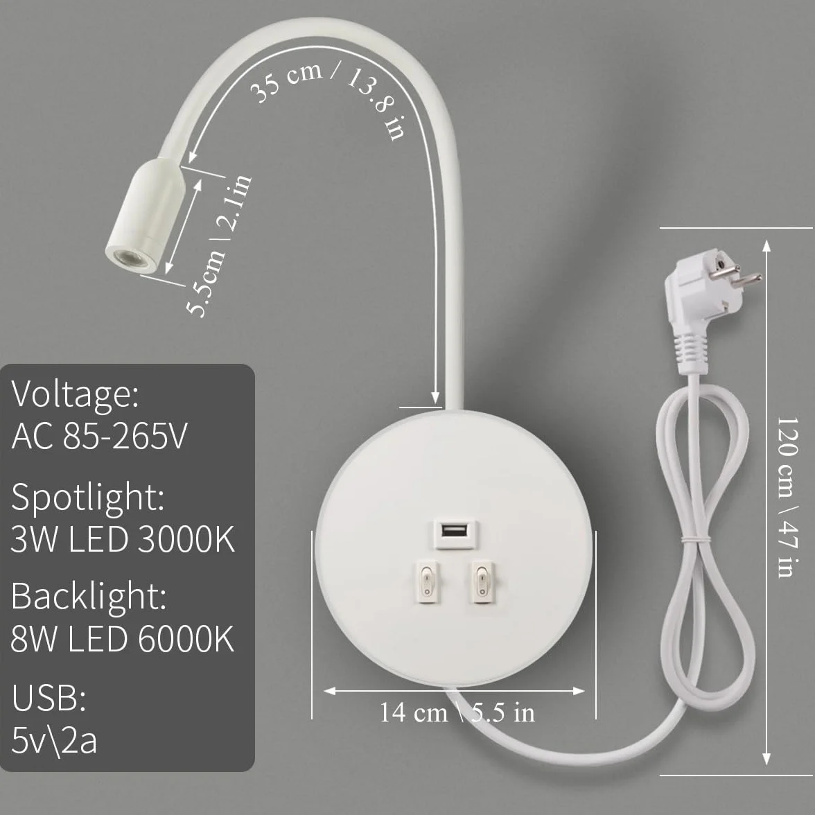 Lampada da Parete a LED,Lampada da lettura flessibile da comodino a collo di cigno,con Porta di Ricarica USB,Luce ambiente camera da letto Luce notturna Faretto (3W 3000K+8W 6000K)Spina,Bianco