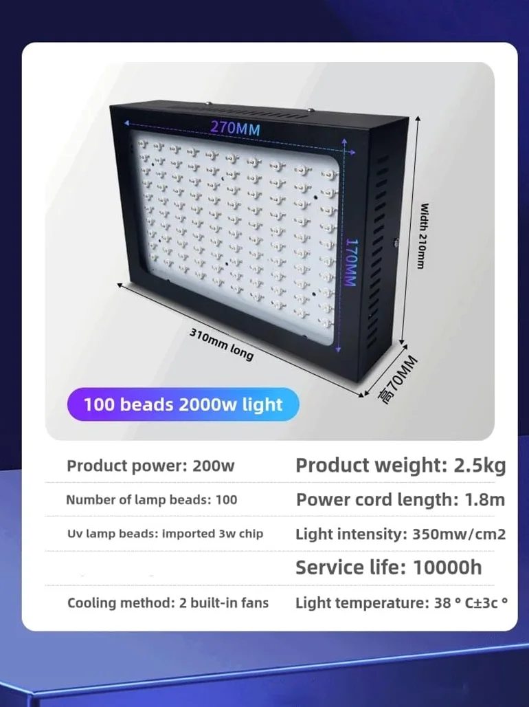 Lampada uv resina, Piastra for stampa a olio verde con vernice a inchiostro solido raffreddata ad aria ultravioletta da 2000 W, 365 nm, 395 nm e 405 nm(100LEDs 2000W,365nm)