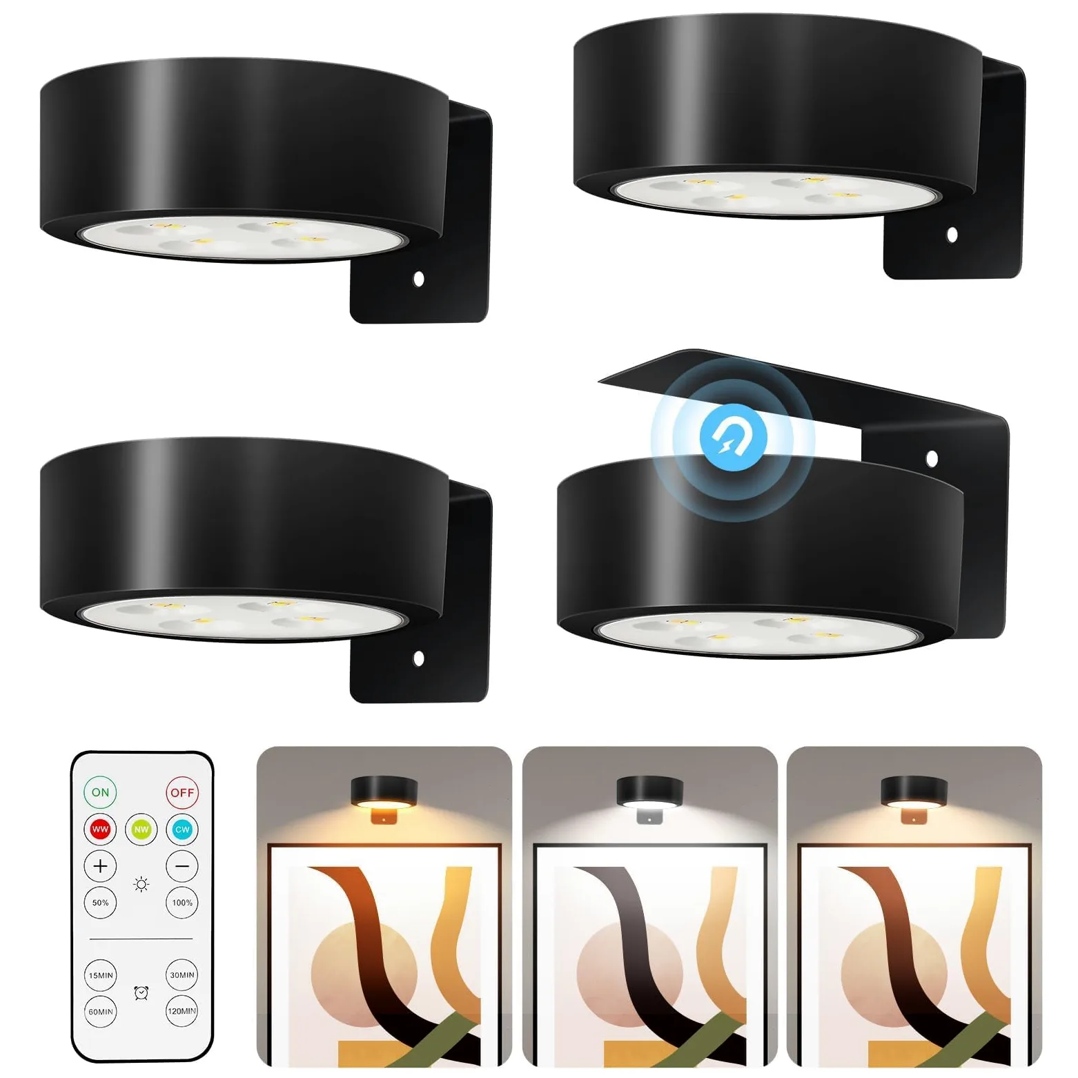TTQ 4 luci magnetiche per quadri, funzionamento a batteria, con telecomando e timer dimmerabile, luce nera senza fili, decorazione per pareti, cornici e ritratti
