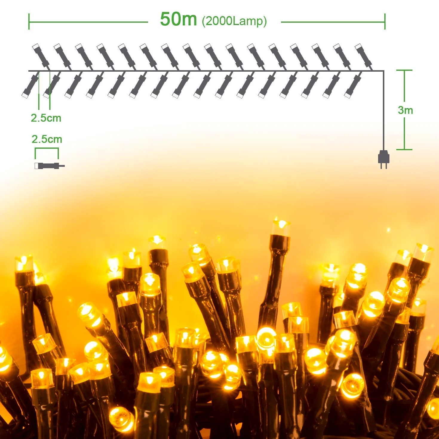 Quntis Luci di Natale da Esterno, 50M 2000 Led Luci Albero di Natale con 8 Modalità, Ip44 Luci Natalizie per Esterno Interno Casa Feste, Bianco Caldo