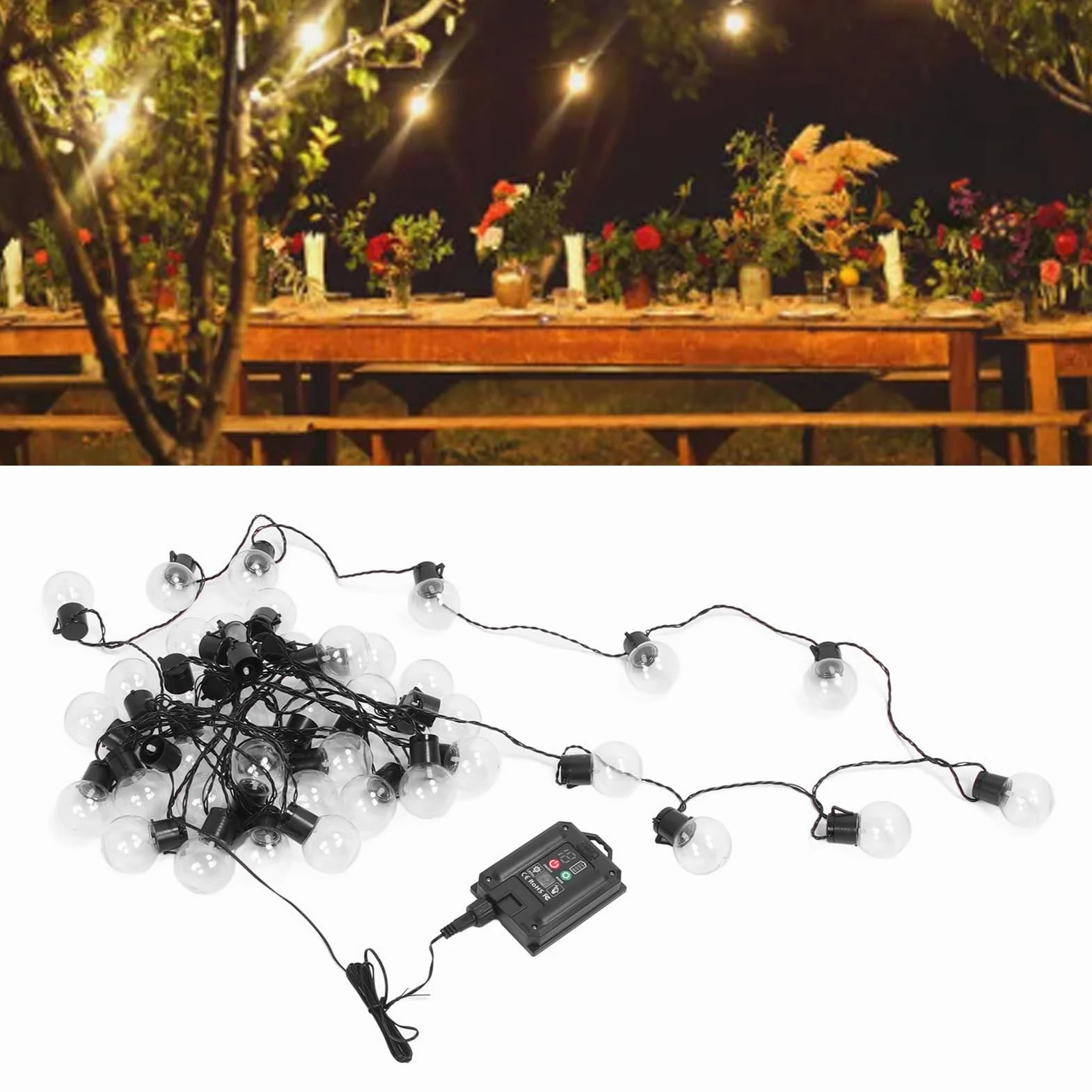 Domary 40 Luci Solari a Stringa LED Lampadine G50 Illuminazione da Esterno per Patio da 32,8 Piedi con Batteria 500 mAh Ricarica USB per la Decorazione del Giardino nel Cortile