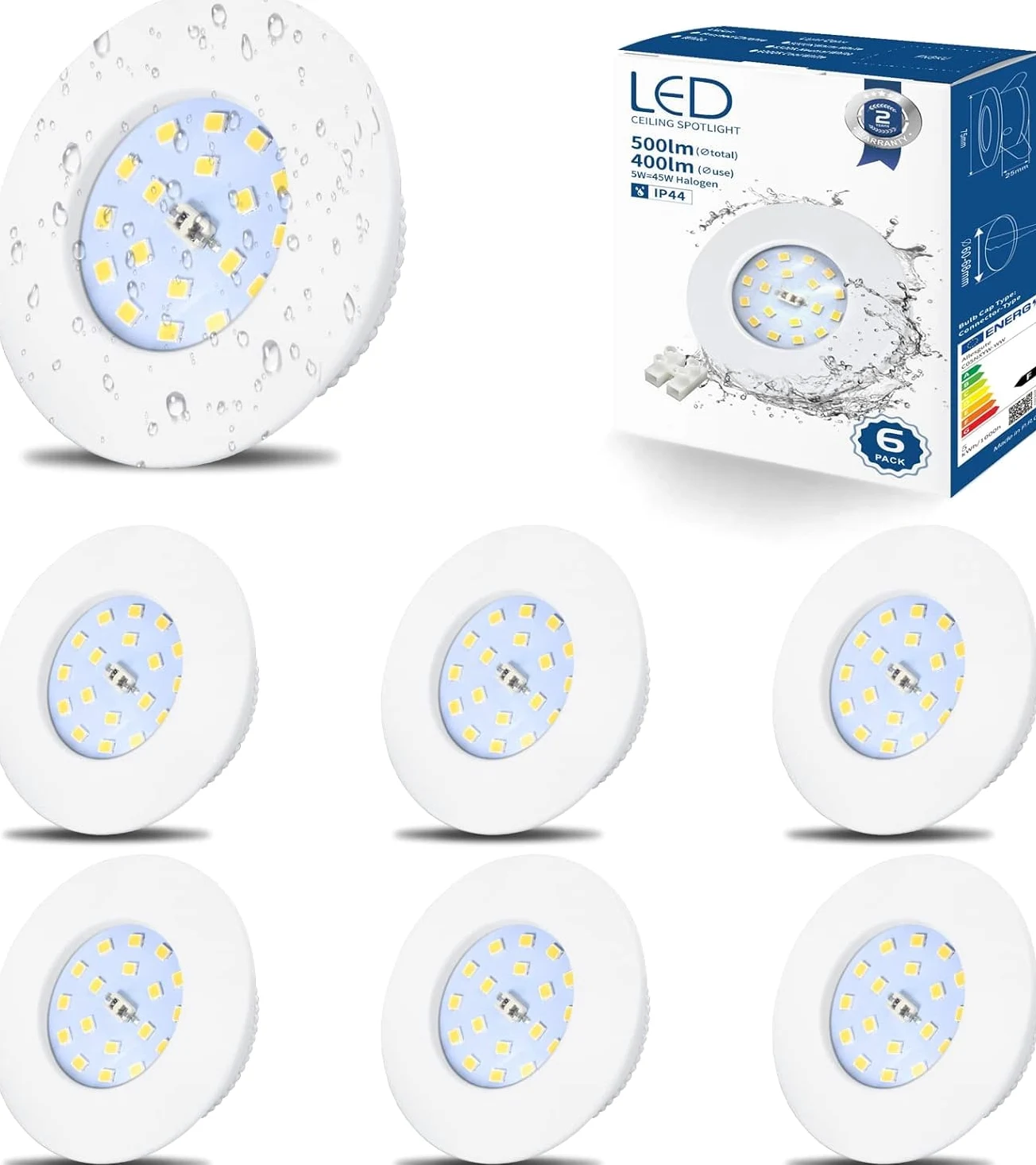 HiBay 6 Faretti Led da Incasso per Cartongesso 5W Ultrasottili Faretti Led Soffitto Incasso 500LM,6000K Bianco Freddo,220V IP44,Diametro Foro Ø60mm-65mm per Bagno,Esterno