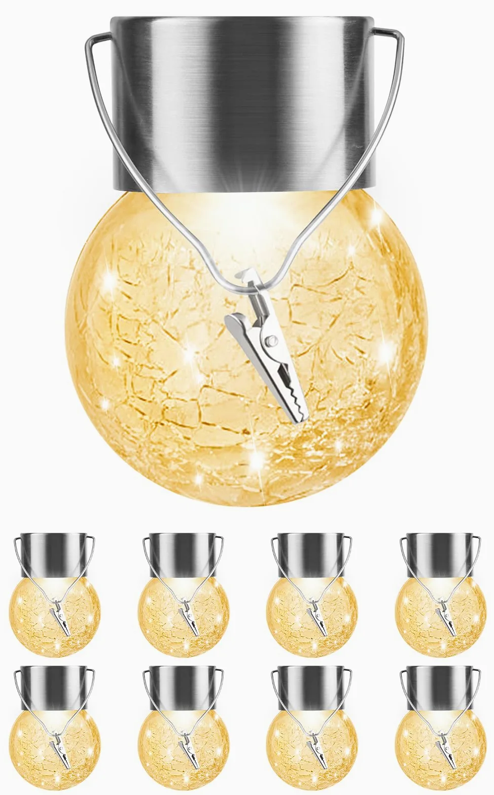 Luci solari da appendere per esterni, confezione da 8, lanterna solare impermeabile con manico e clip, luci a sfera in vetro a energia solare, per giardino, cortile, recinzione, albero, ombrello,
