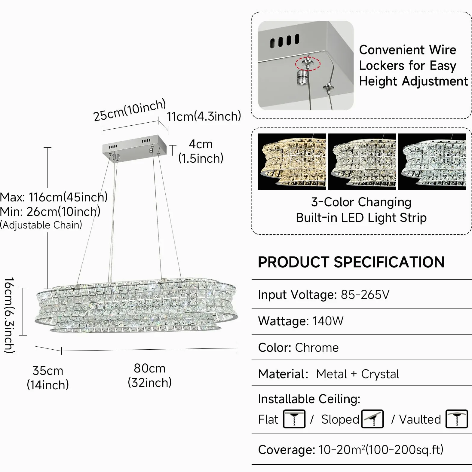 Lampadario moderno di cristallo per il soggiorno, luci a sospensione a LED cromate, lampada a sospensione ovale di cristallo per soggiorno, sala da pranzo, ristorante, 80 x 35cm
